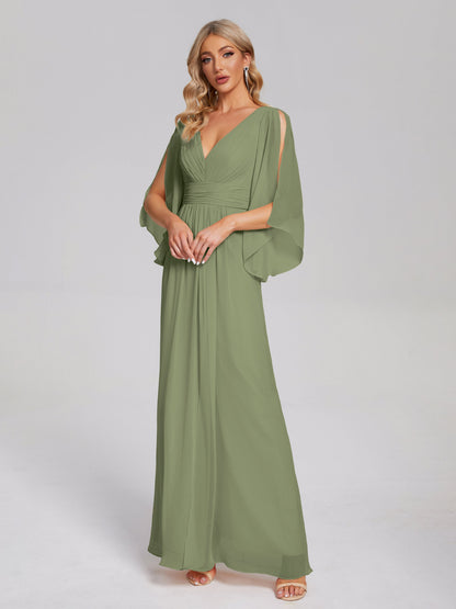 Fatima V-neck Ruffles Long Chiffon Bridesmaid Dress with Slit