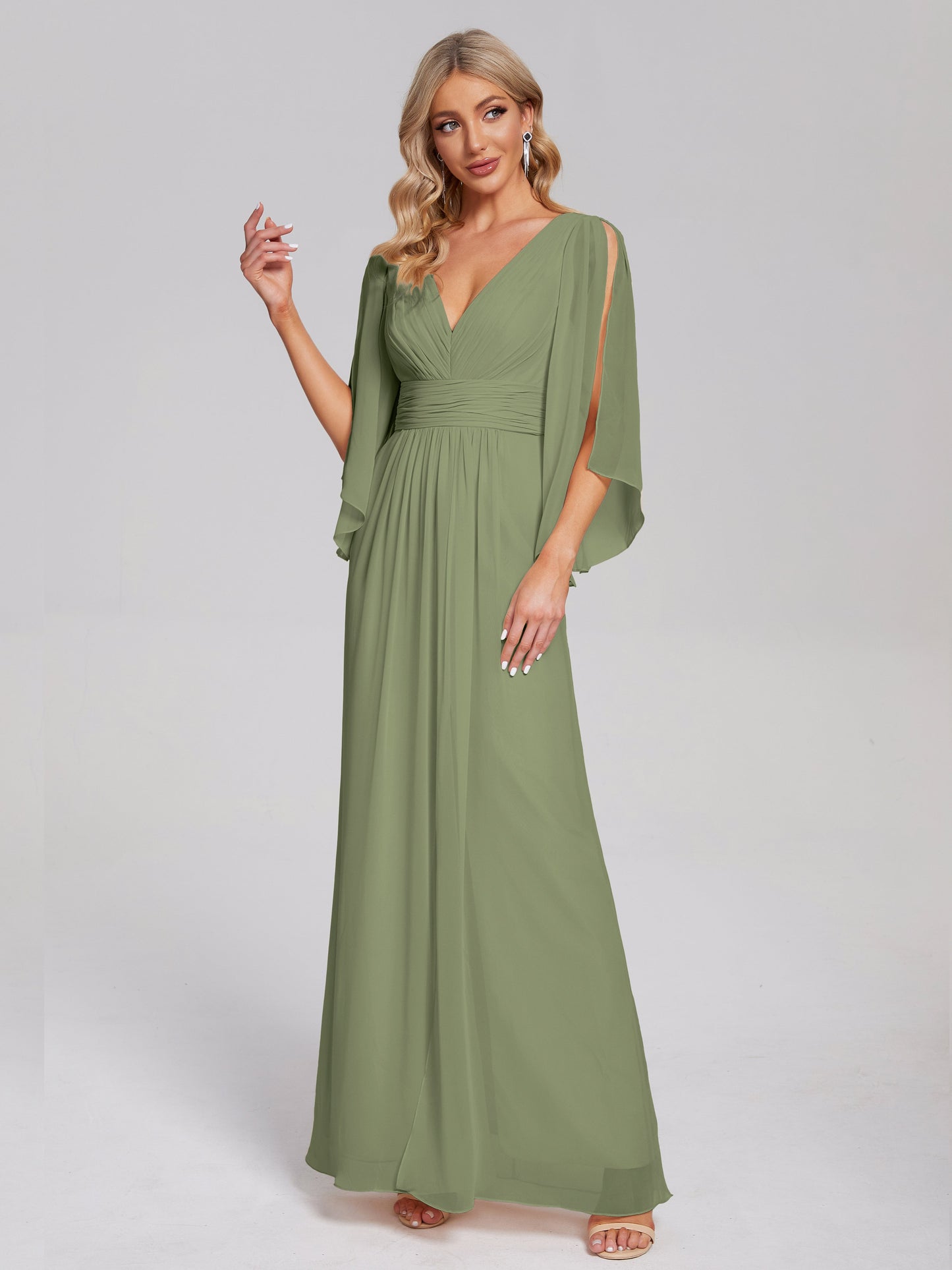 Fatima V-neck Ruffles Long Chiffon Bridesmaid Dress with Slit