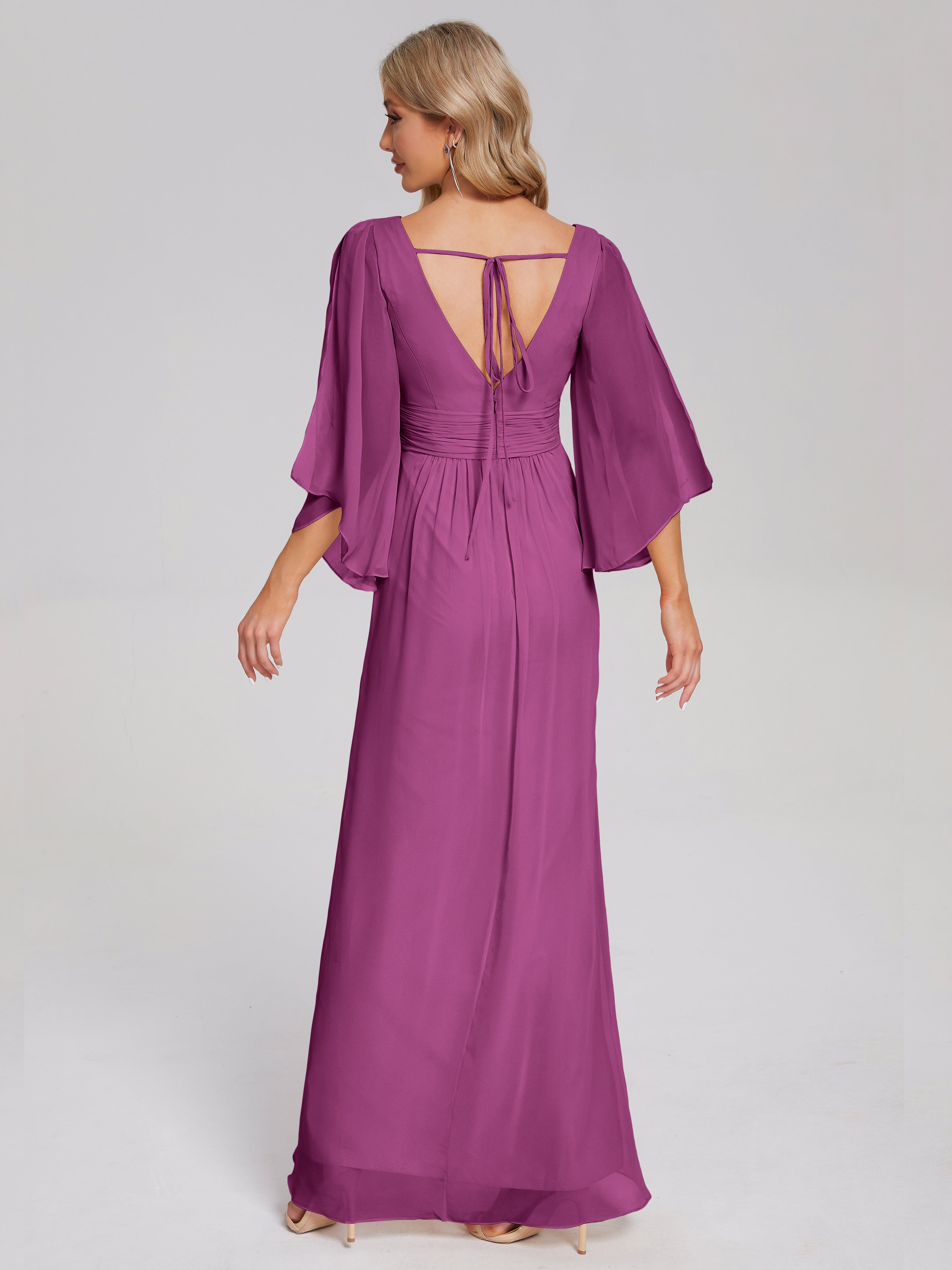 Fatima V-neck Ruffles Long Chiffon Bridesmaid Dress with Slit