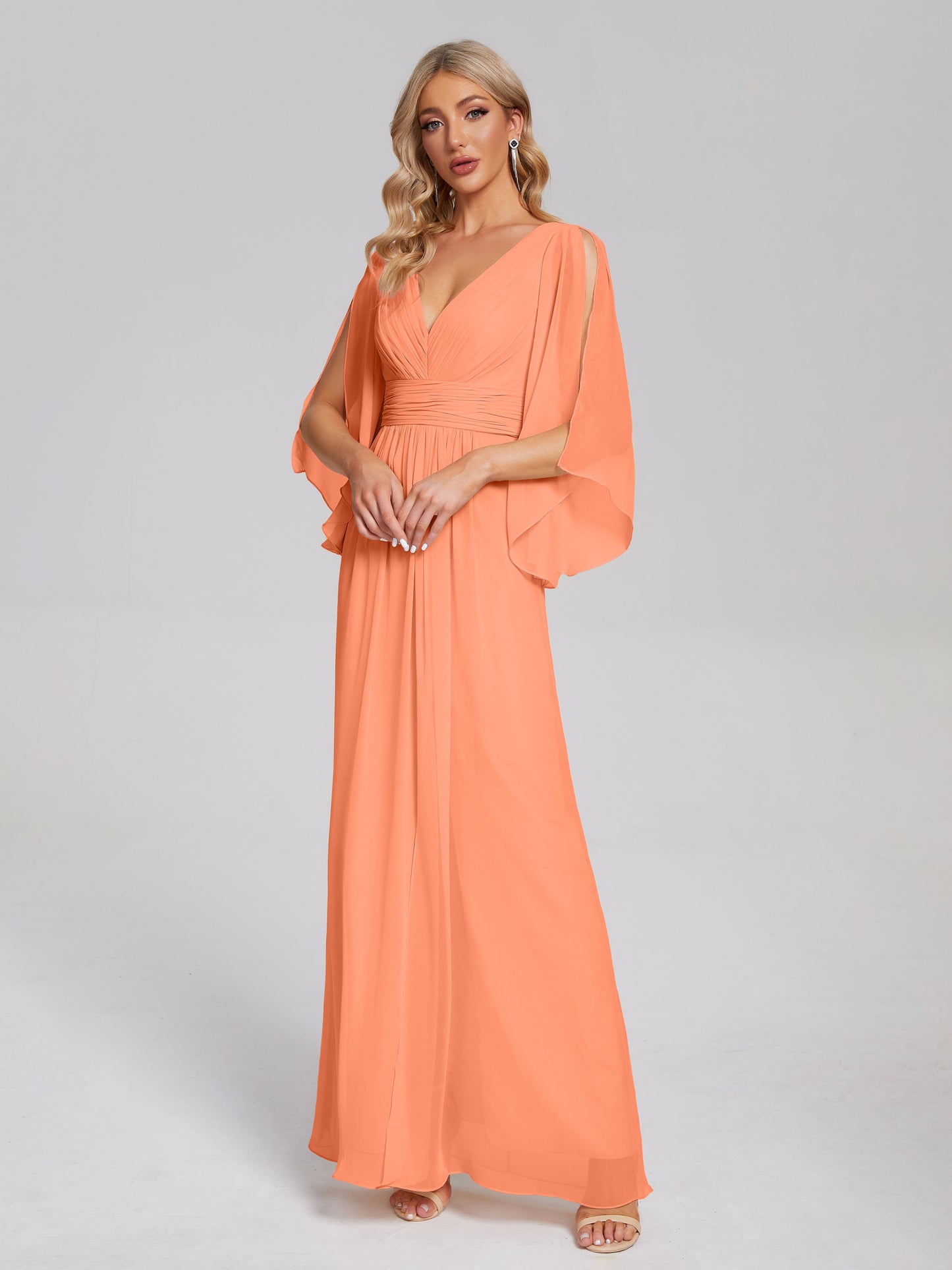 Fatima V-neck Ruffles Long Chiffon Bridesmaid Dress with Slit