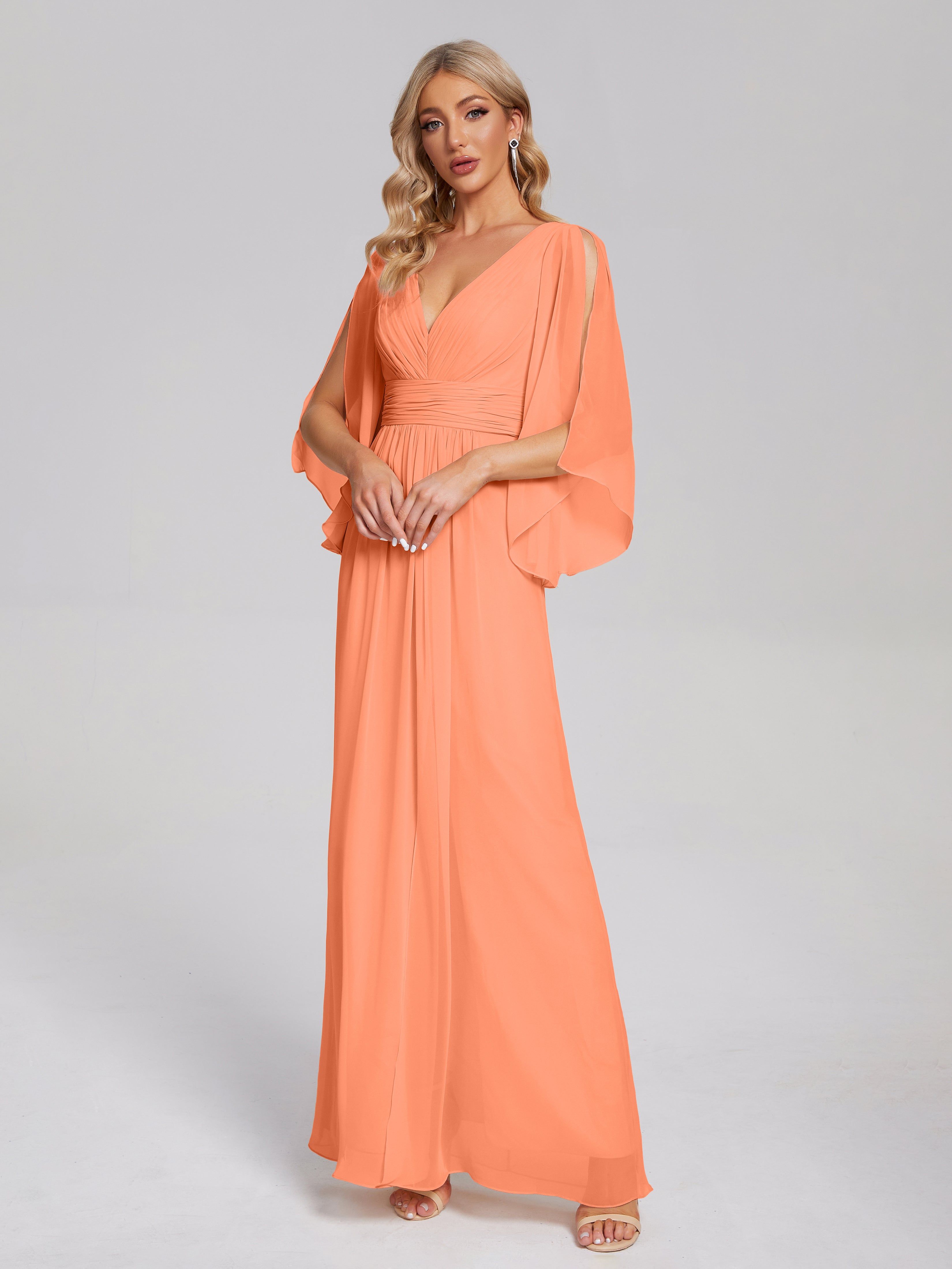 Fatima V-neck Ruffles Long Chiffon Bridesmaid Dress with Slit