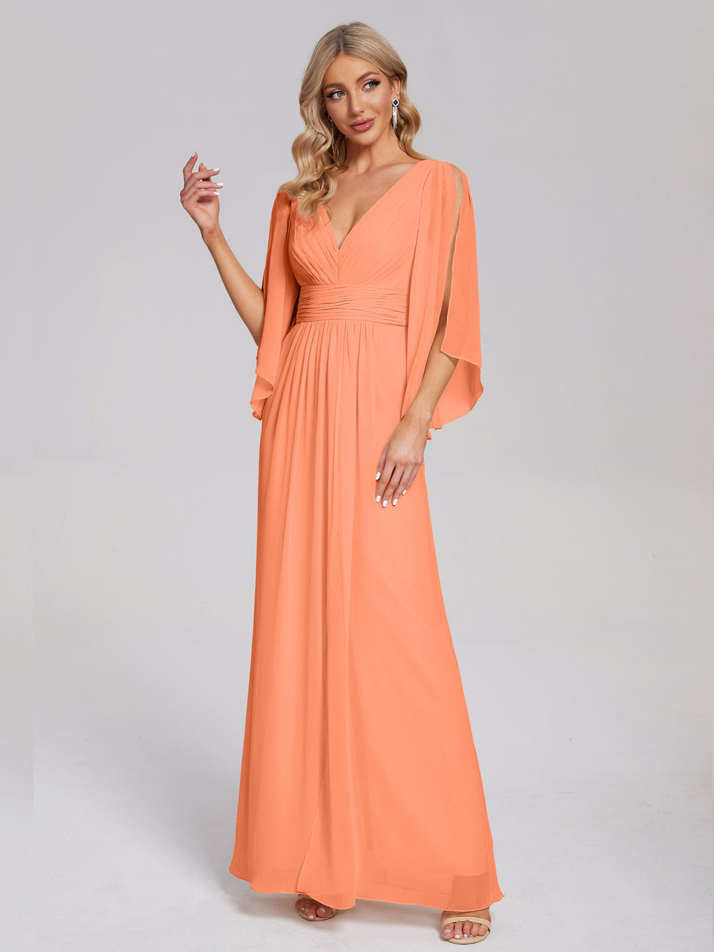 Fatima V-neck Ruffles Long Chiffon Bridesmaid Dress with Slit