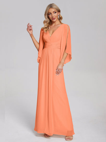 Fatima V-neck Ruffles Long Chiffon Bridesmaid Dress with Slit