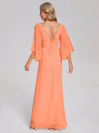 Fatima V-neck Ruffles Long Chiffon Bridesmaid Dress with Slit