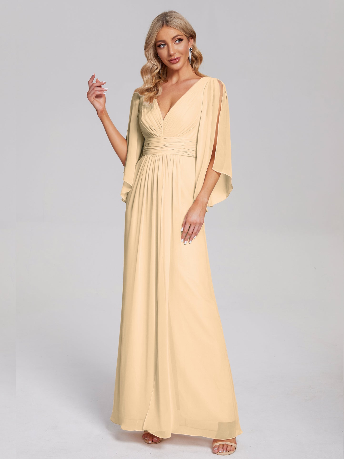 Fatima V-neck Ruffles Long Chiffon Bridesmaid Dress with Slit