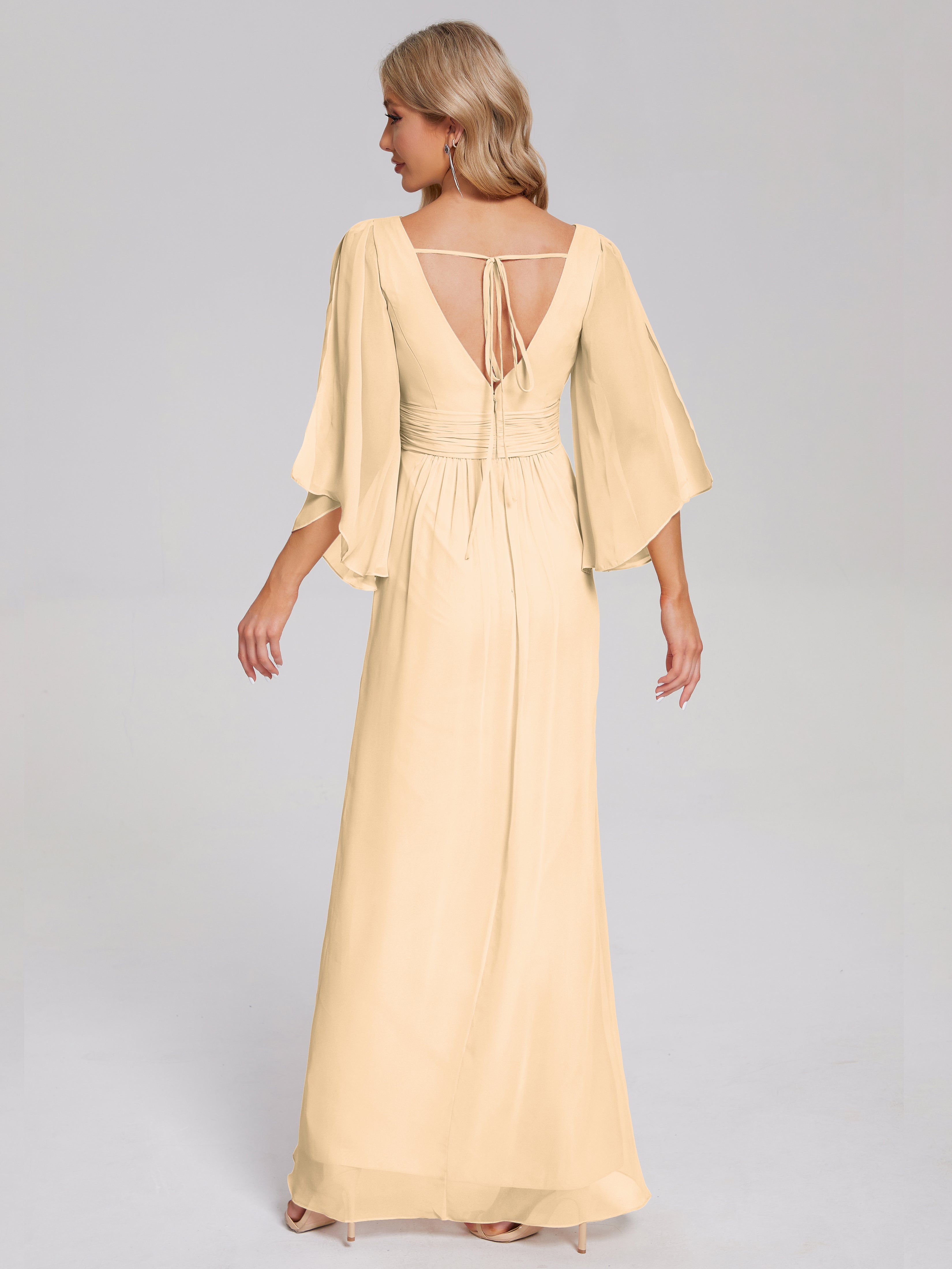 Fatima V-neck Ruffles Long Chiffon Bridesmaid Dress with Slit