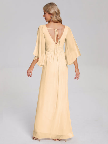 Fatima V-neck Ruffles Long Chiffon Bridesmaid Dress with Slit