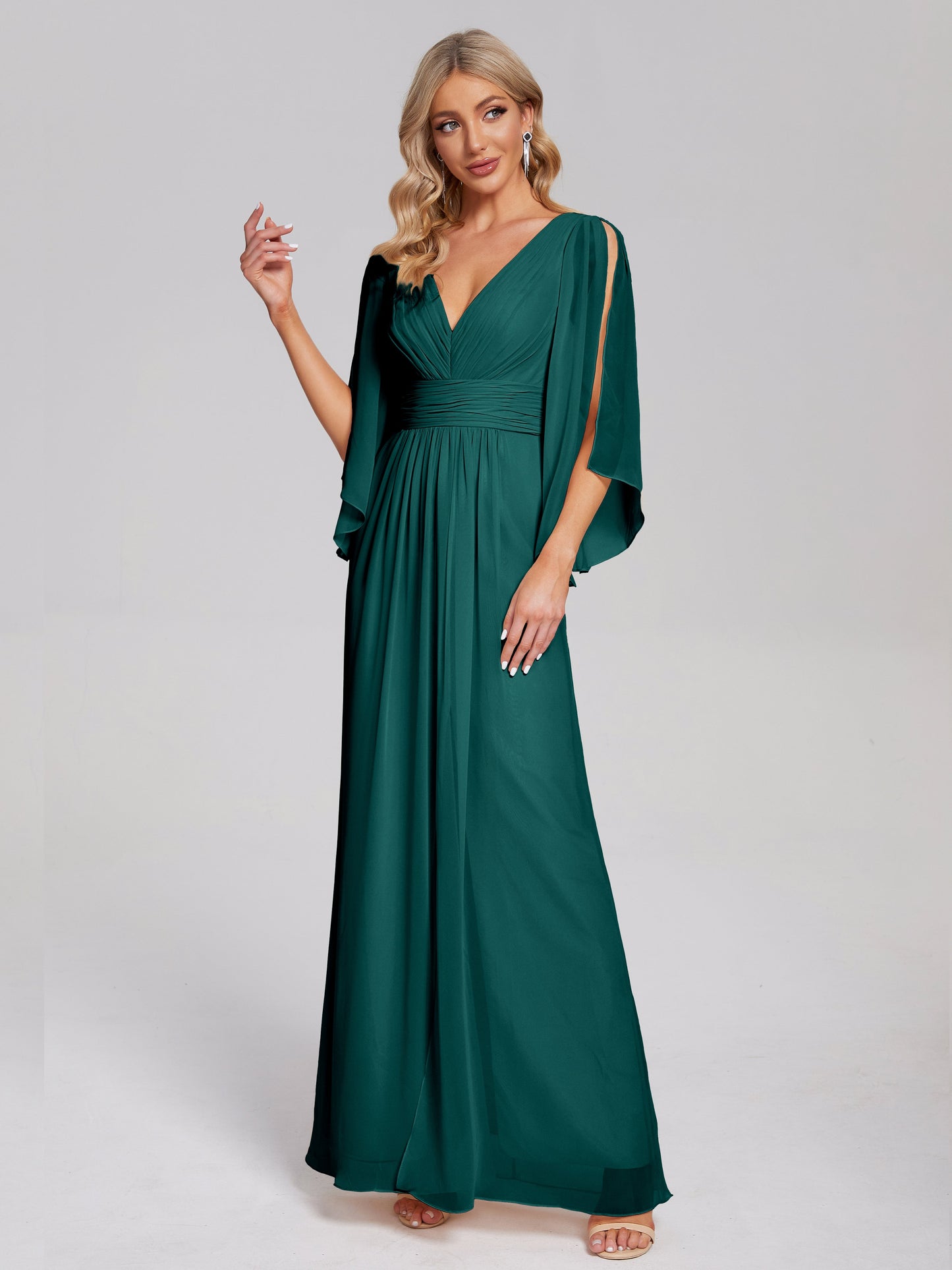 Fatima V-neck Ruffles Long Chiffon Bridesmaid Dress with Slit
