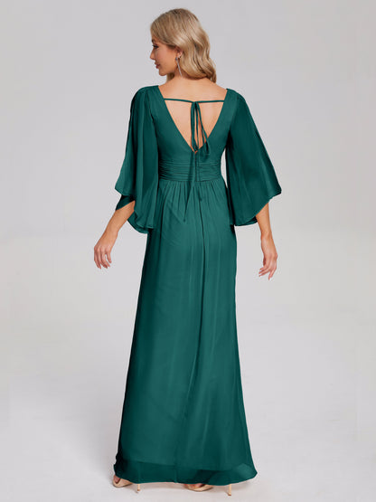 Fatima V-neck Ruffles Long Chiffon Bridesmaid Dress with Slit