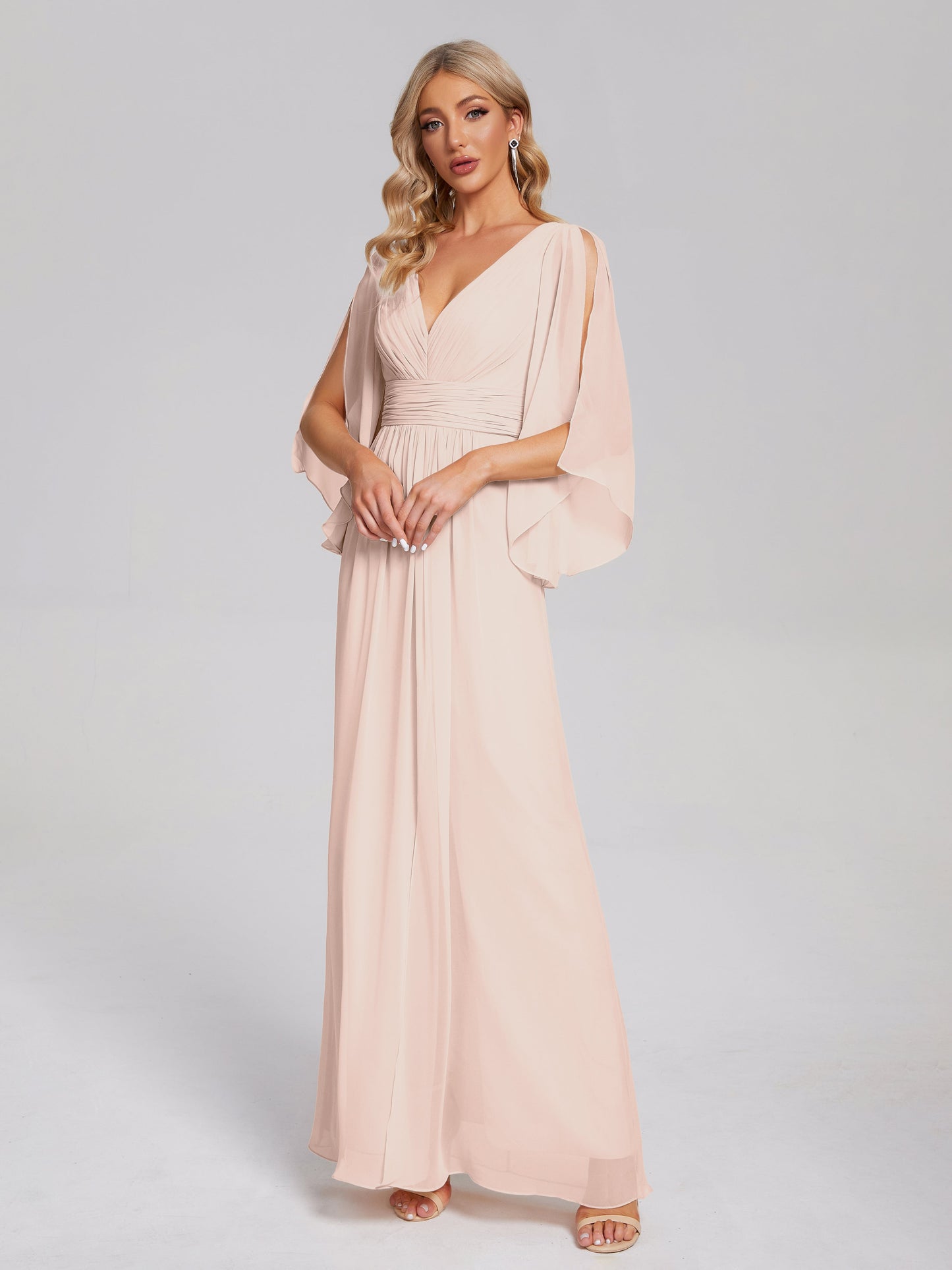 Fatima V-neck Ruffles Long Chiffon Bridesmaid Dress with Slit