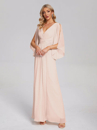 Fatima V-neck Ruffles Long Chiffon Bridesmaid Dress with Slit