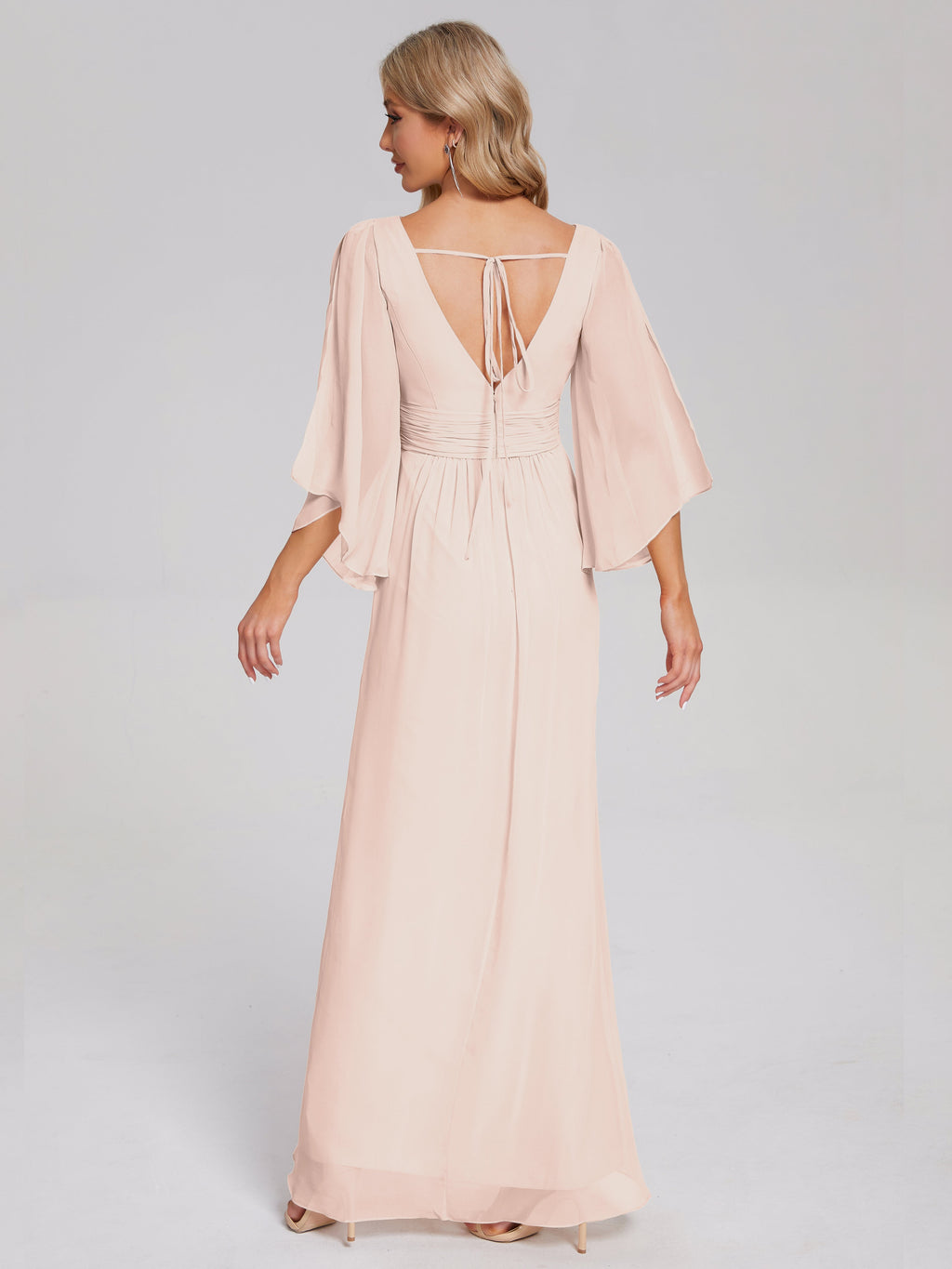 Fatima V-neck Ruffles Long Chiffon Bridesmaid Dress with Slit