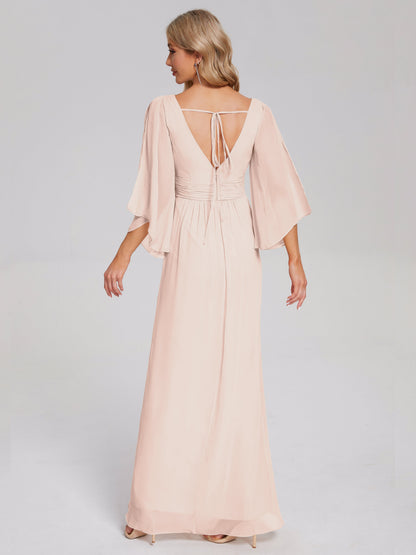 Fatima V-neck Ruffles Long Chiffon Bridesmaid Dress with Slit