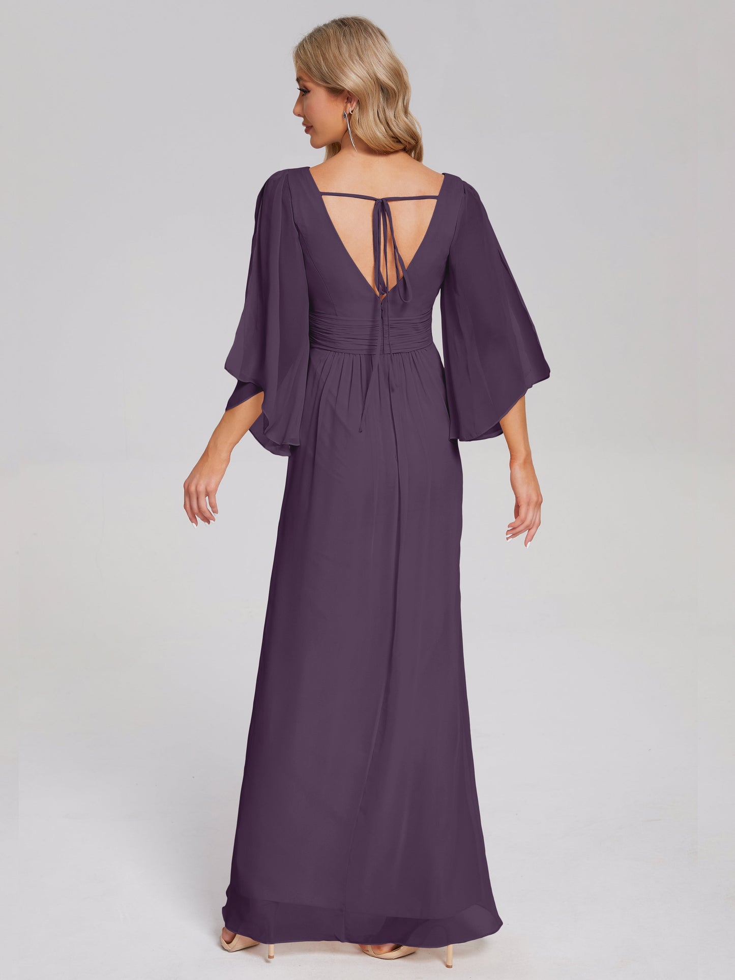 Fatima V-neck Ruffles Long Chiffon Bridesmaid Dress with Slit
