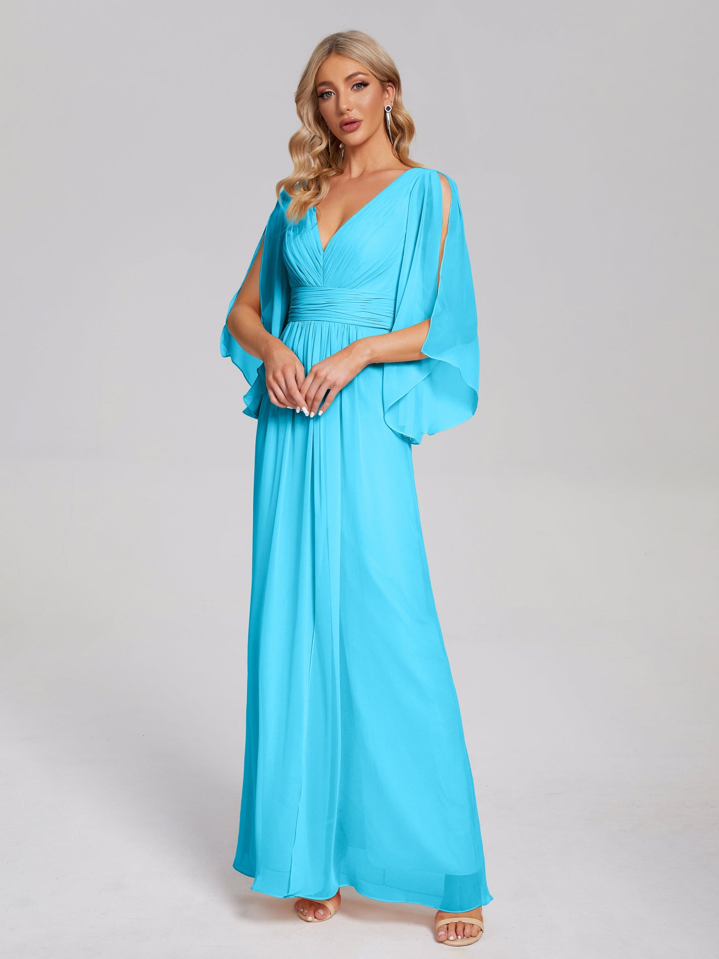 Fatima V-neck Ruffles Long Chiffon Bridesmaid Dress with Slit