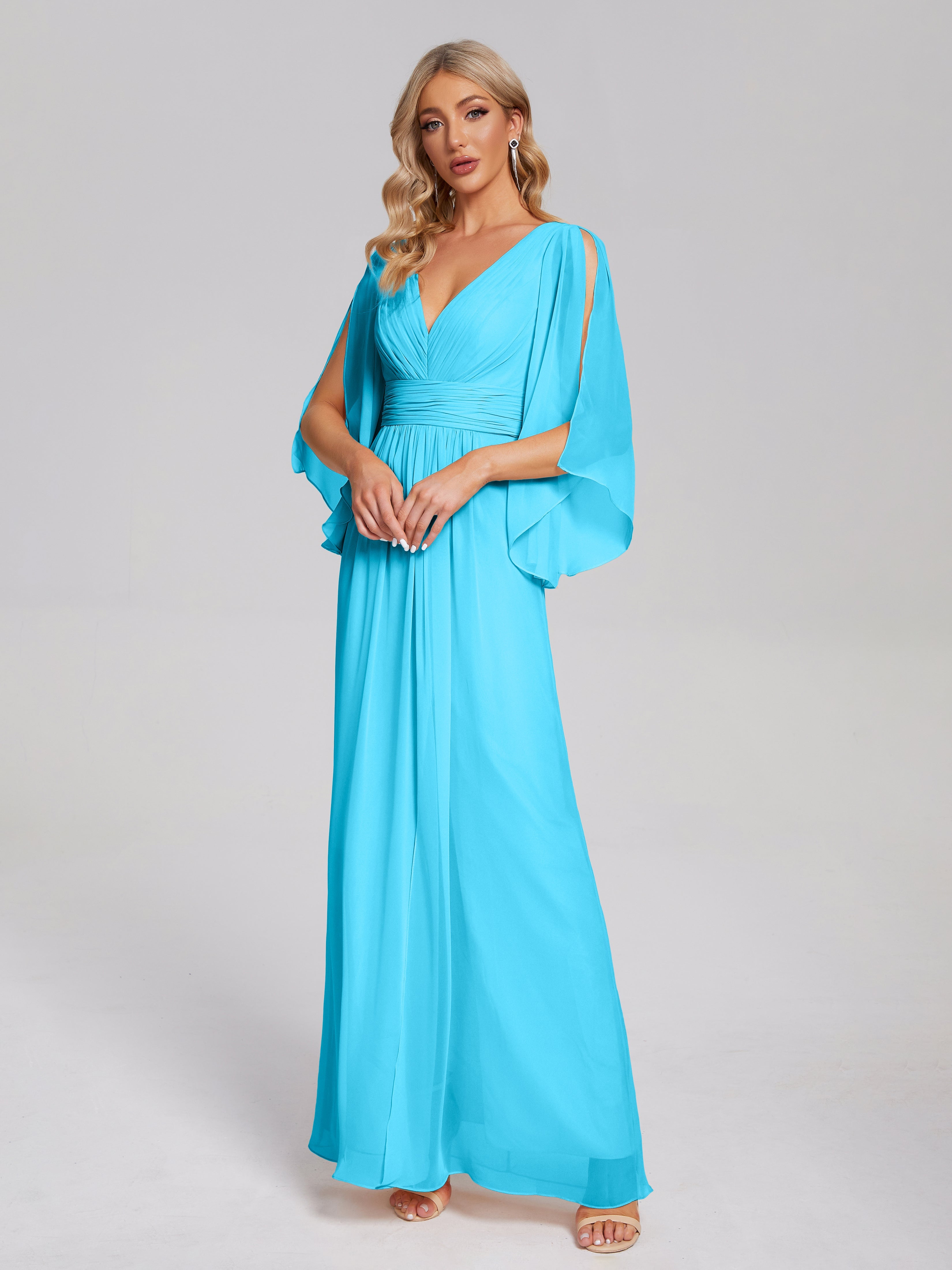 Fatima V-neck Ruffles Long Chiffon Bridesmaid Dress with Slit