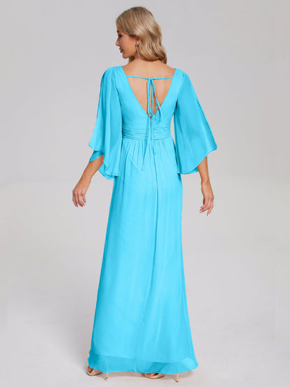 Fatima V-neck Ruffles Long Chiffon Bridesmaid Dress with Slit