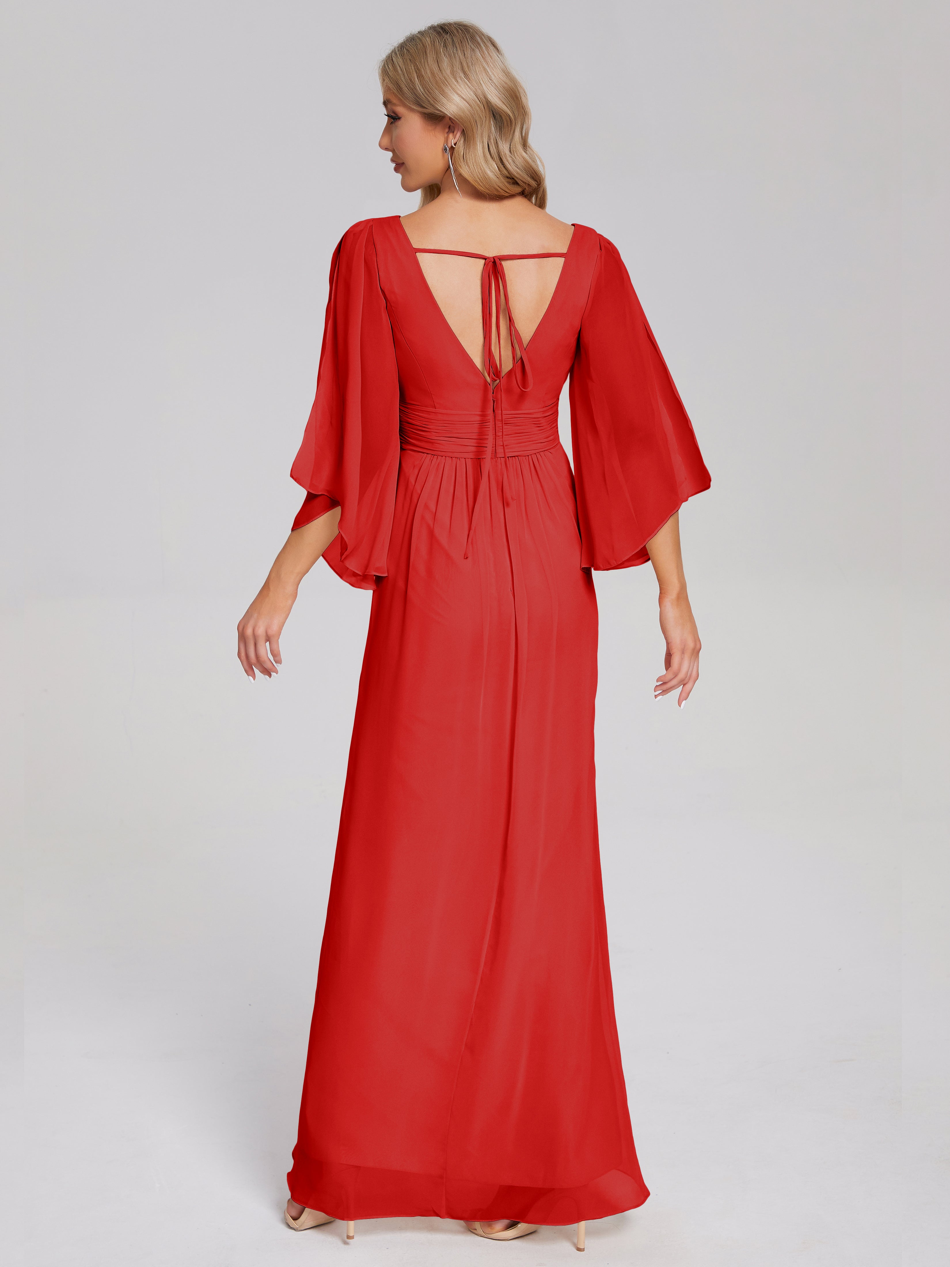 Fatima V-neck Ruffles Long Chiffon Bridesmaid Dress with Slit