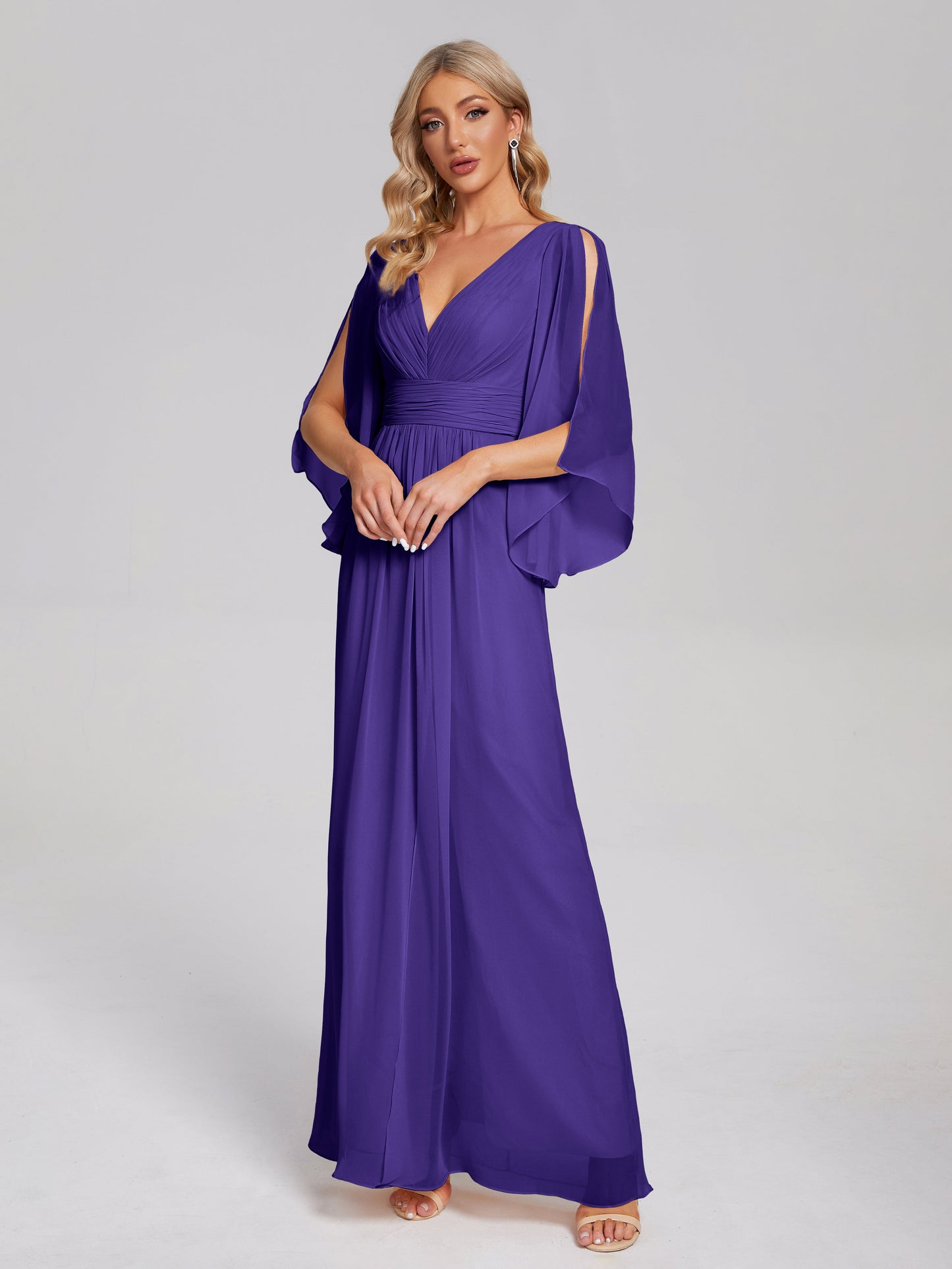 Fatima V-neck Ruffles Long Chiffon Bridesmaid Dress with Slit