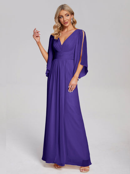 Fatima V-neck Ruffles Long Chiffon Bridesmaid Dress with Slit