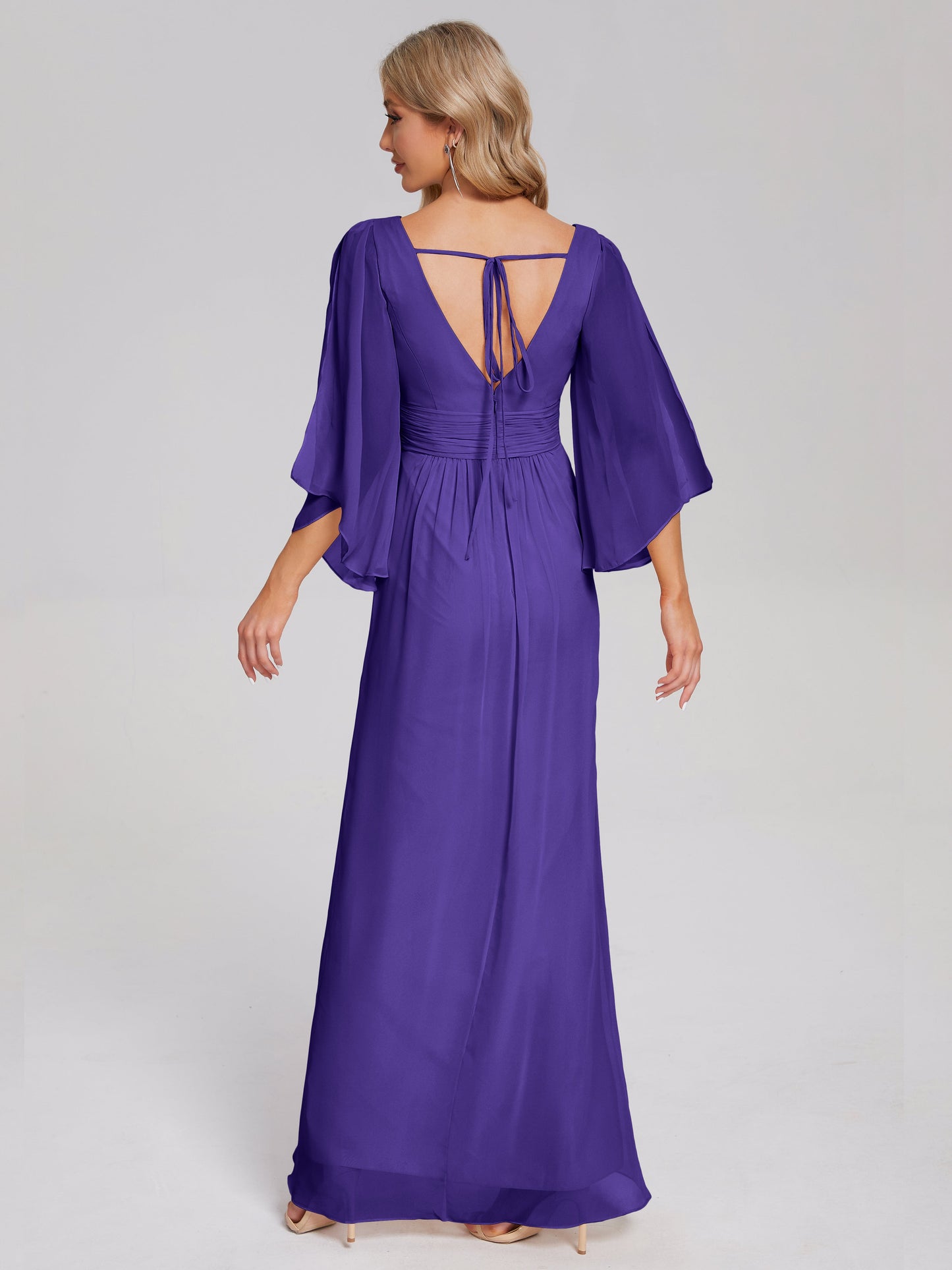 Fatima V-neck Ruffles Long Chiffon Bridesmaid Dress with Slit