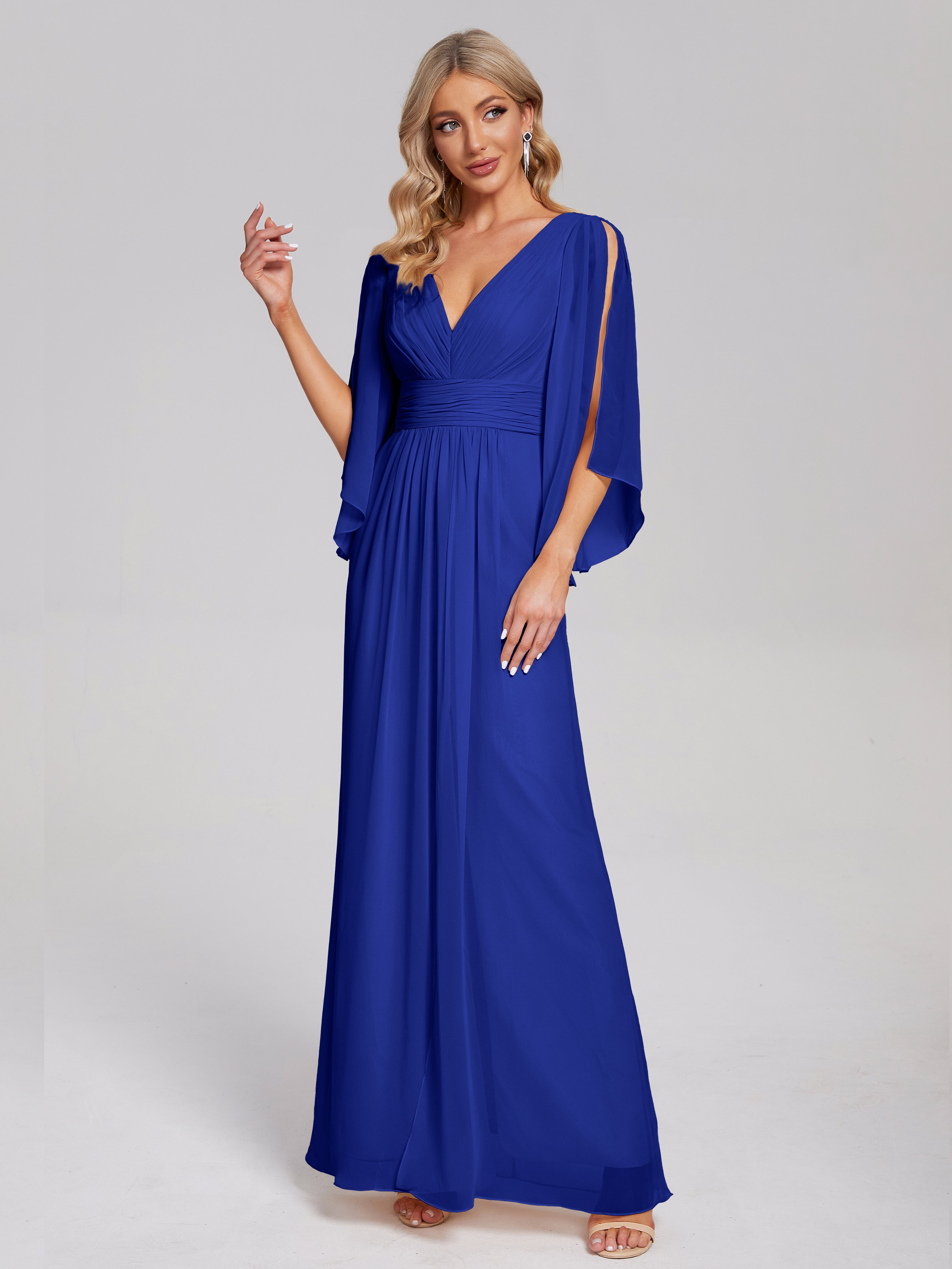 Fatima V-neck Ruffles Long Chiffon Bridesmaid Dress with Slit