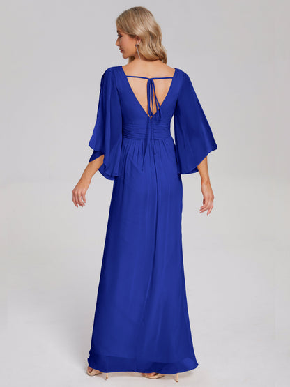 Fatima V-neck Ruffles Long Chiffon Bridesmaid Dress with Slit