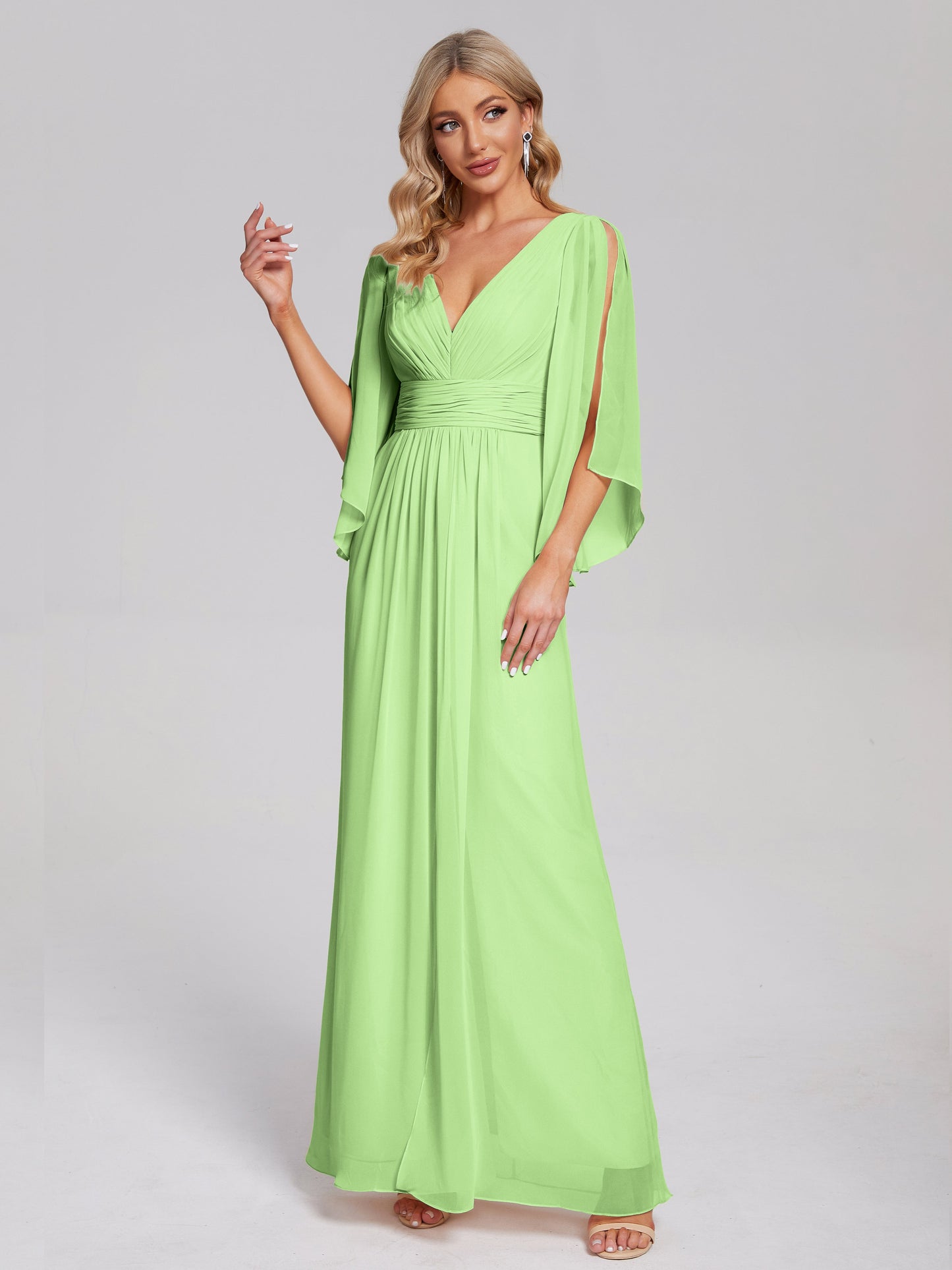 Fatima V-neck Ruffles Long Chiffon Bridesmaid Dress with Slit
