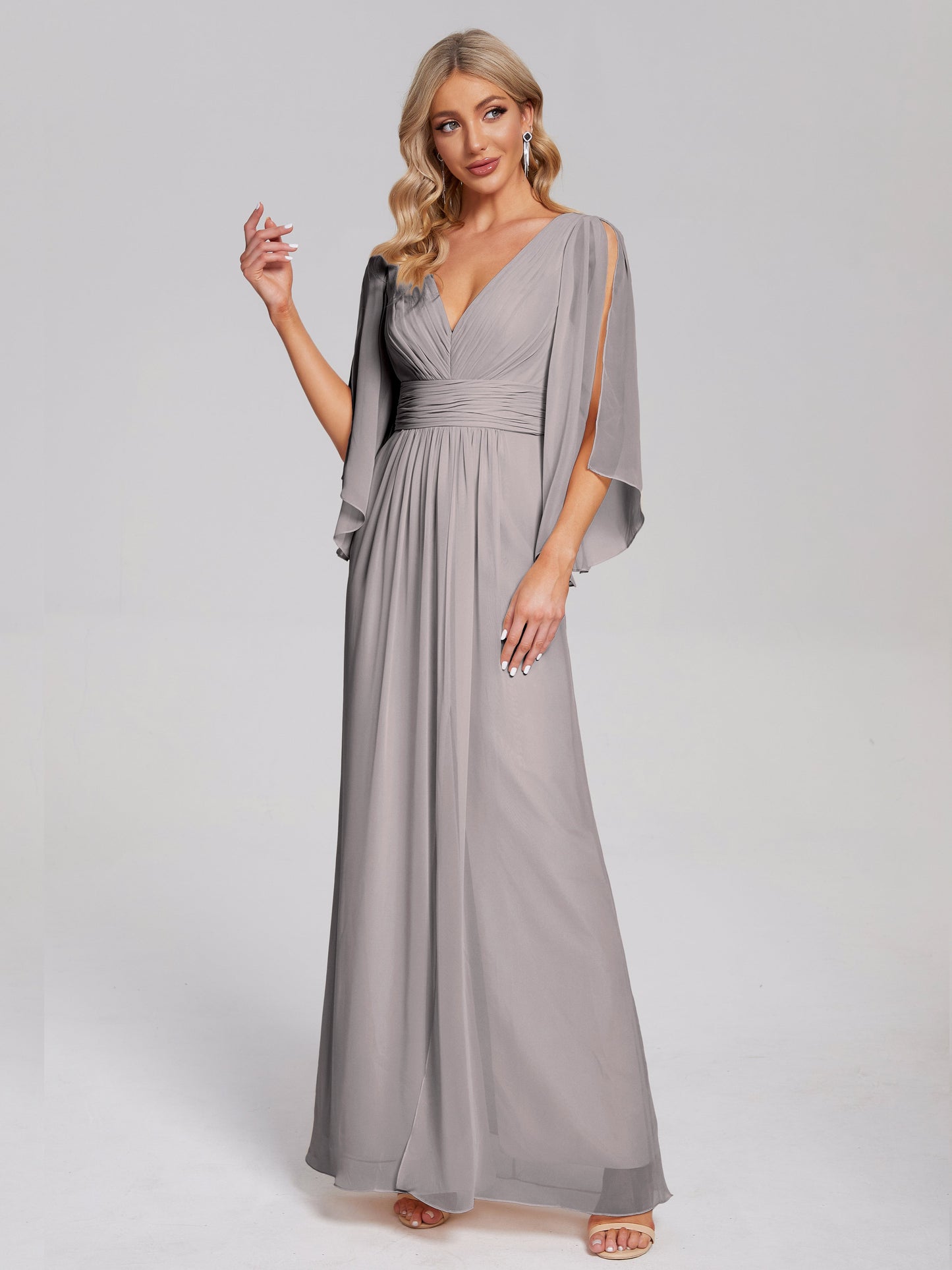 Fatima V-neck Ruffles Long Chiffon Bridesmaid Dress with Slit