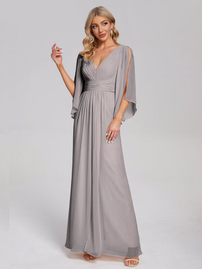 Fatima V-neck Ruffles Long Chiffon Bridesmaid Dress with Slit