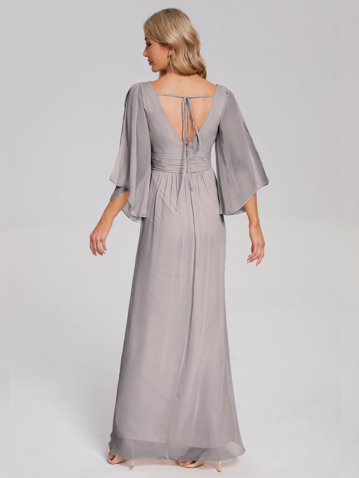 Fatima V-neck Ruffles Long Chiffon Bridesmaid Dress with Slit