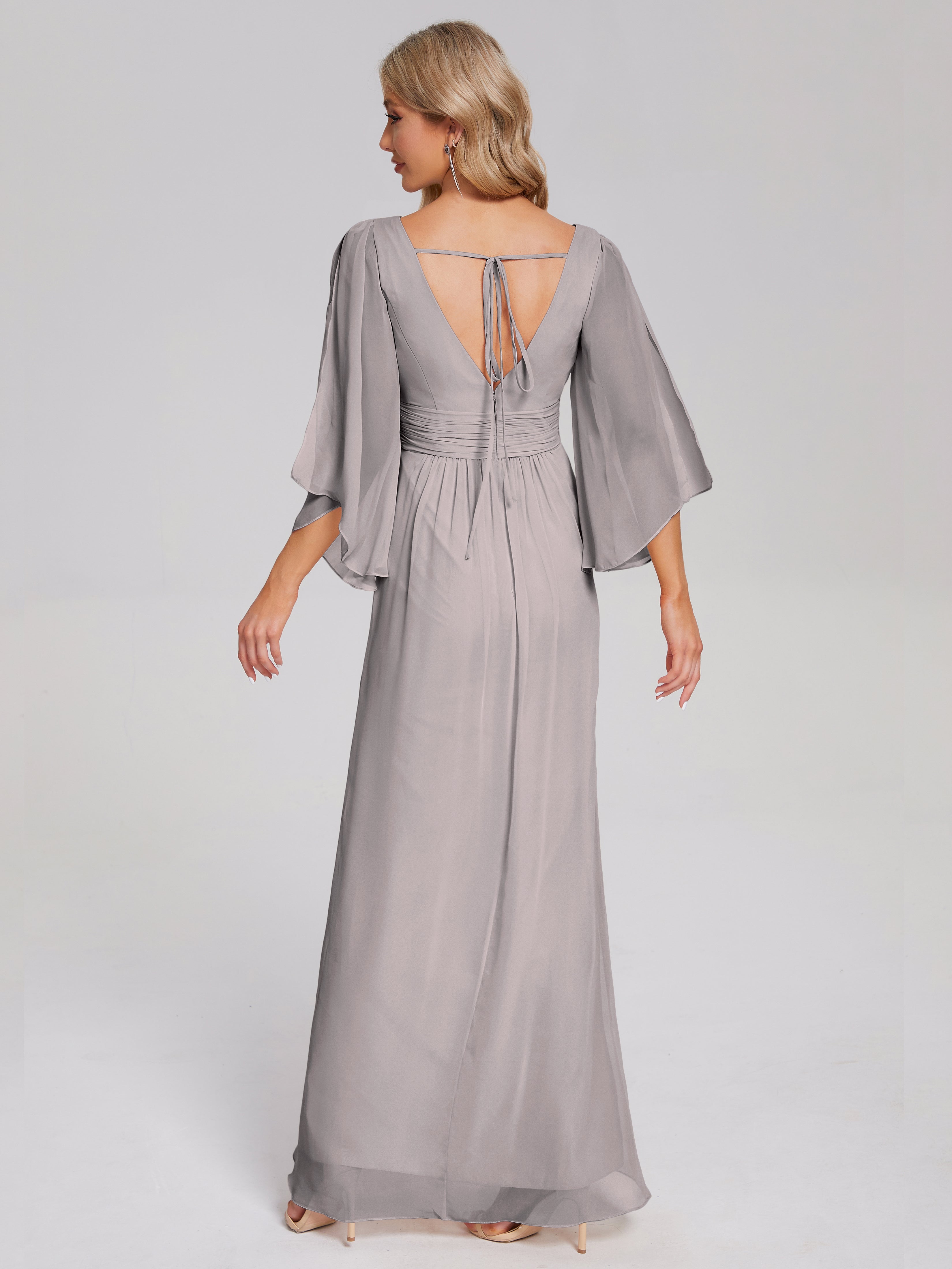 Fatima V-neck Ruffles Long Chiffon Bridesmaid Dress with Slit
