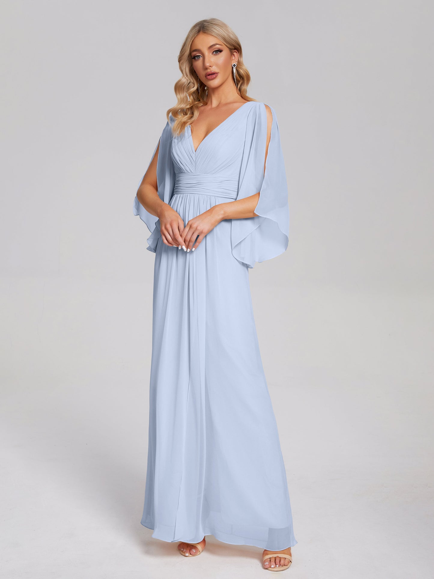 Fatima V-neck Ruffles Long Chiffon Bridesmaid Dress with Slit