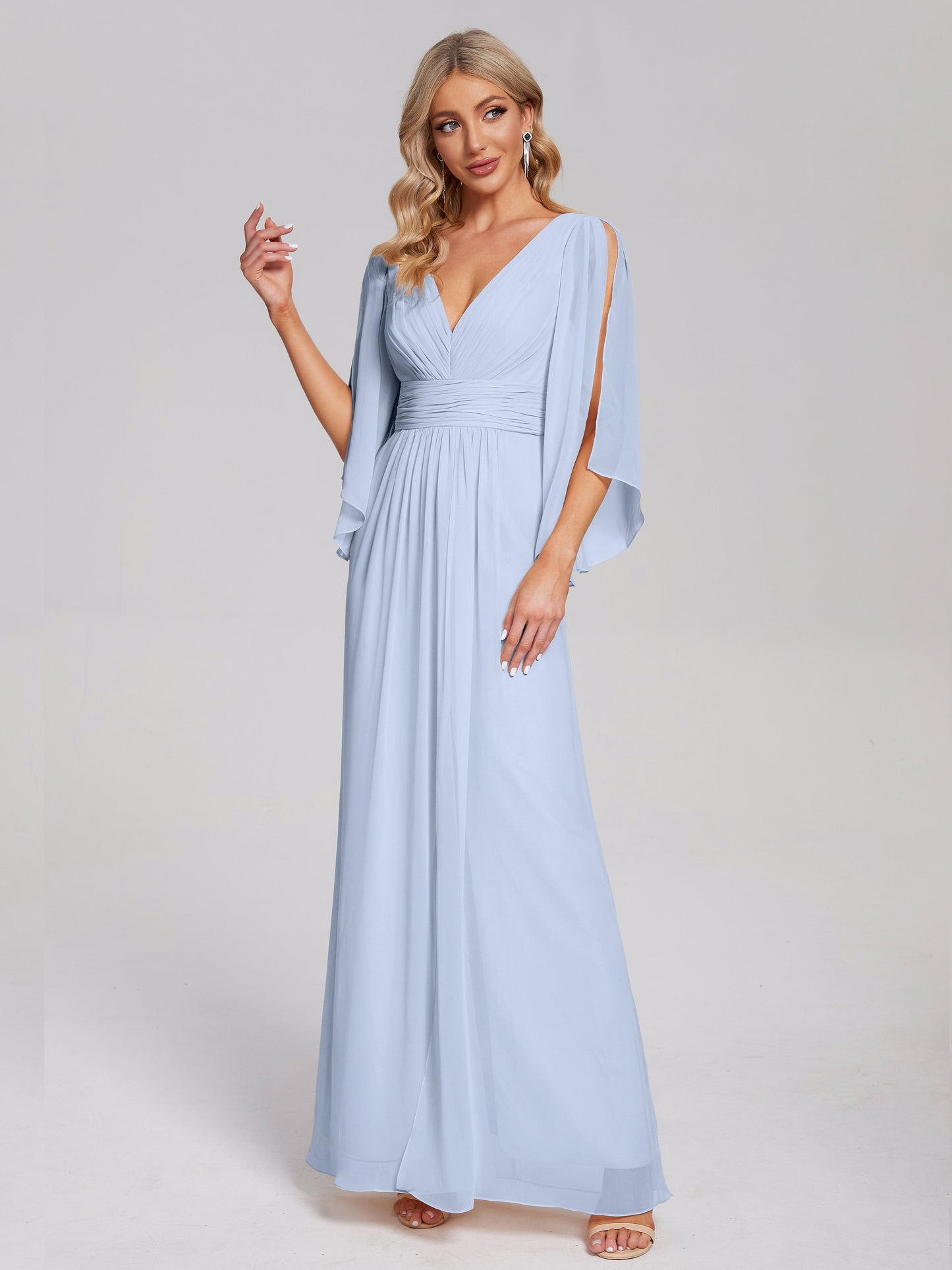 Fatima V-neck Ruffles Long Chiffon Bridesmaid Dress with Slit