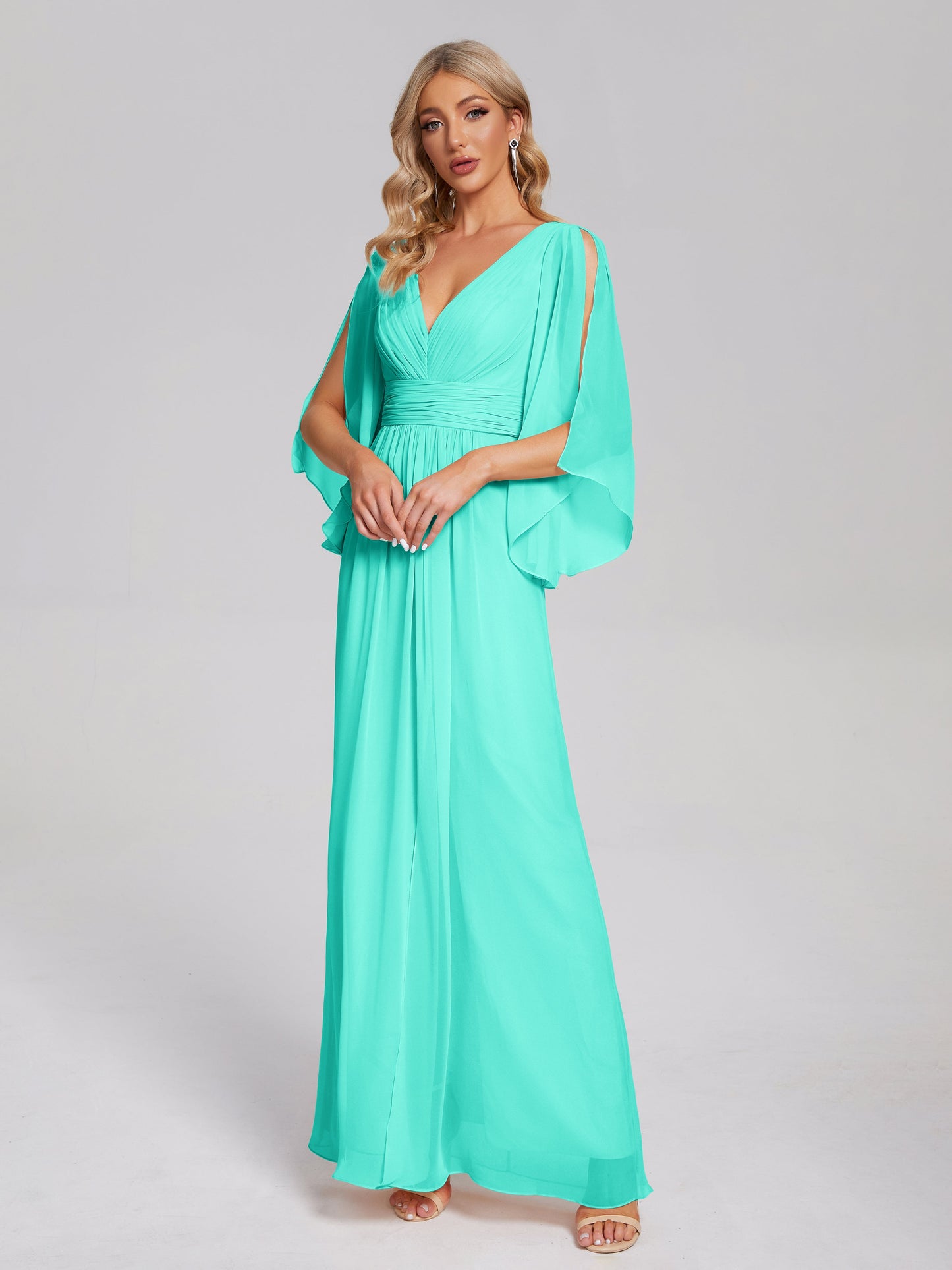 Fatima V-neck Ruffles Long Chiffon Bridesmaid Dress with Slit
