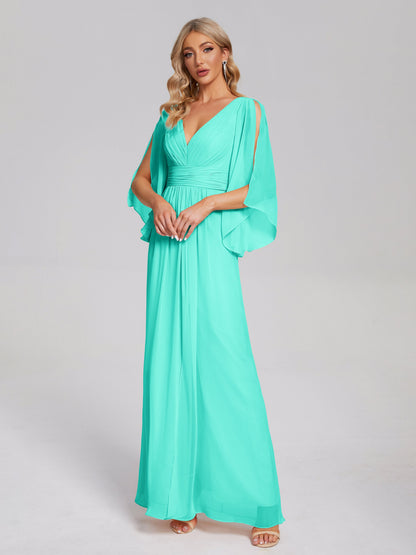 Fatima V-neck Ruffles Long Chiffon Bridesmaid Dress with Slit