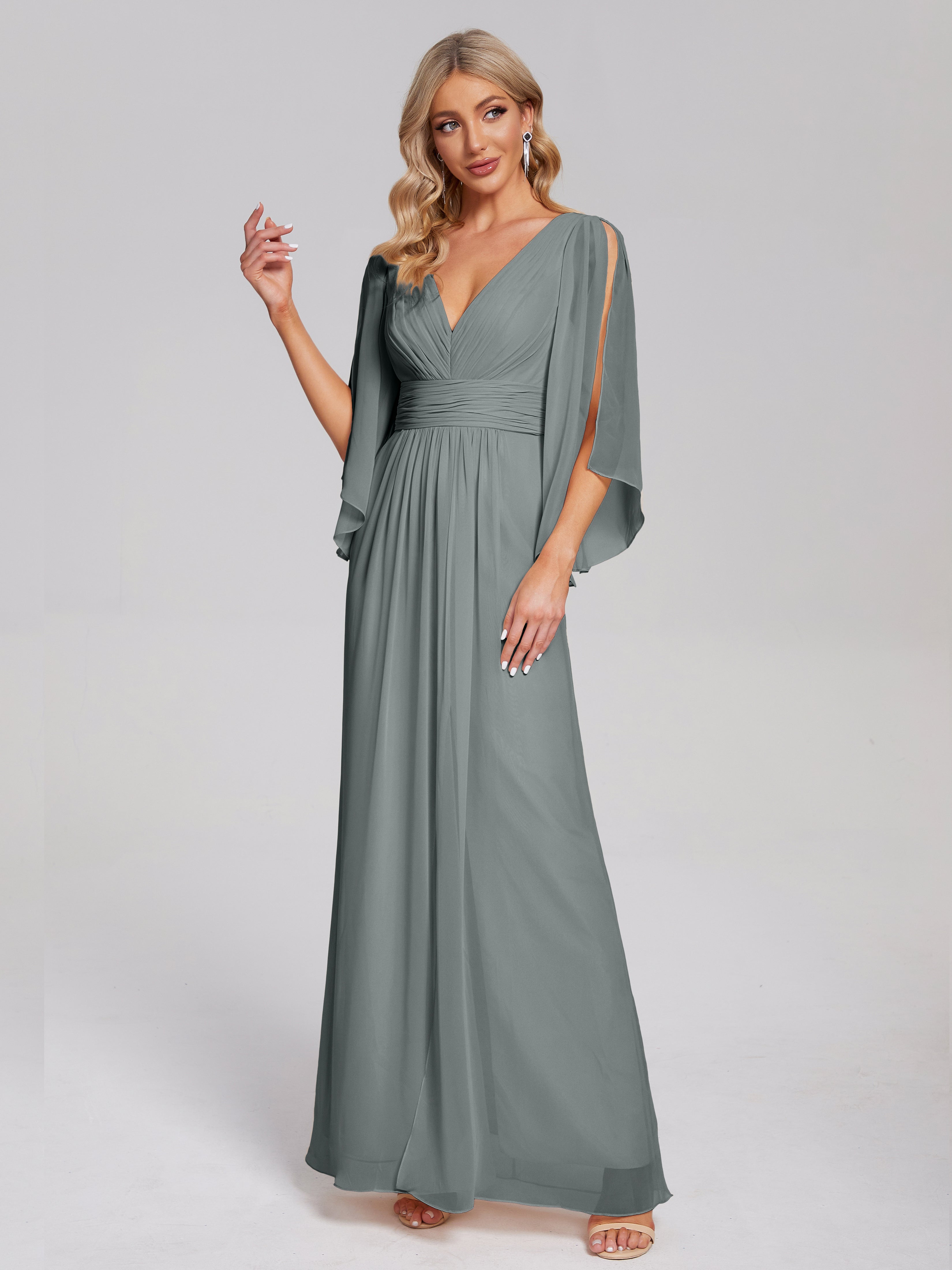 Fatima V-neck Ruffles Long Chiffon Bridesmaid Dress with Slit