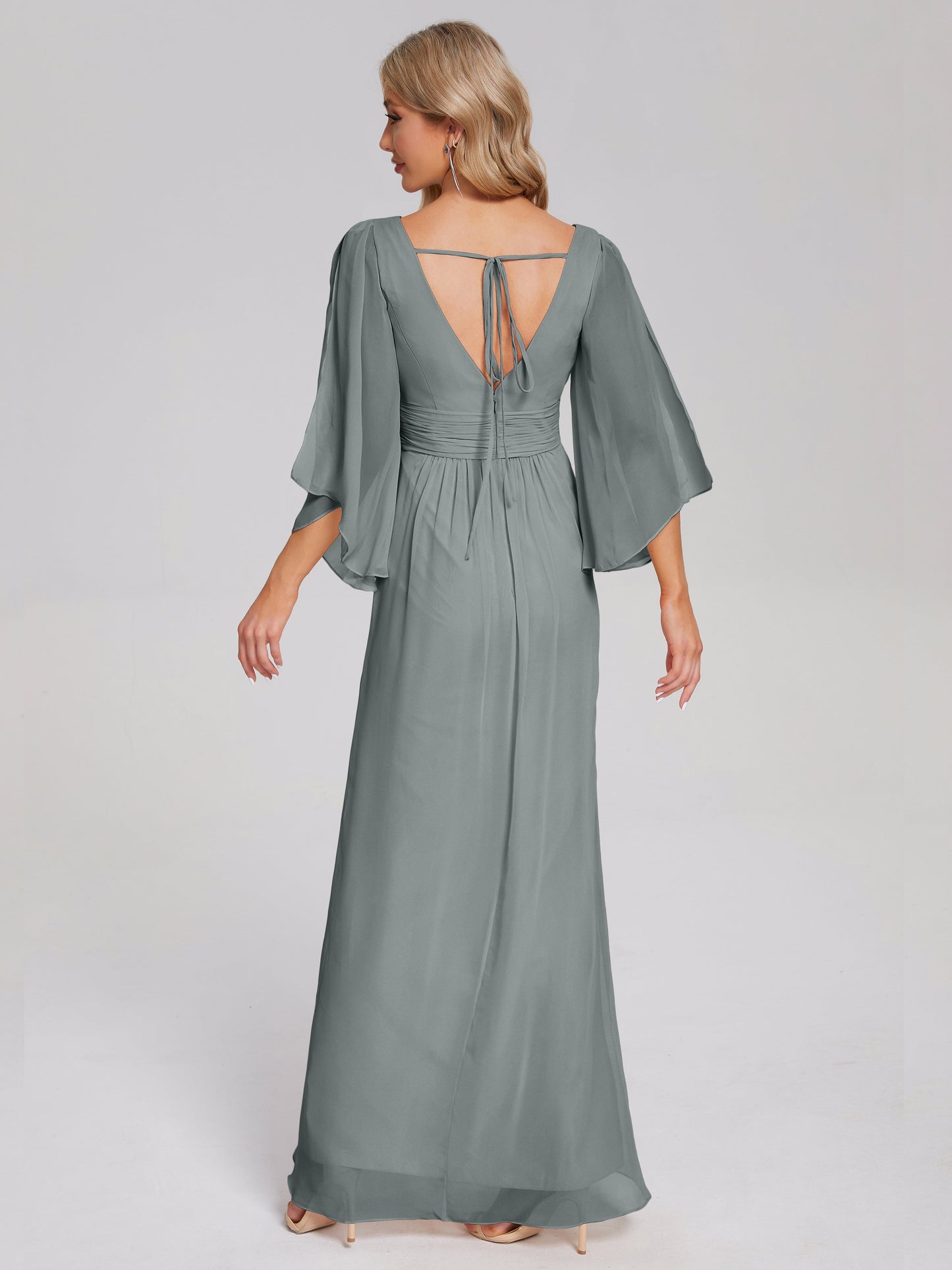 Fatima V-neck Ruffles Long Chiffon Bridesmaid Dress with Slit