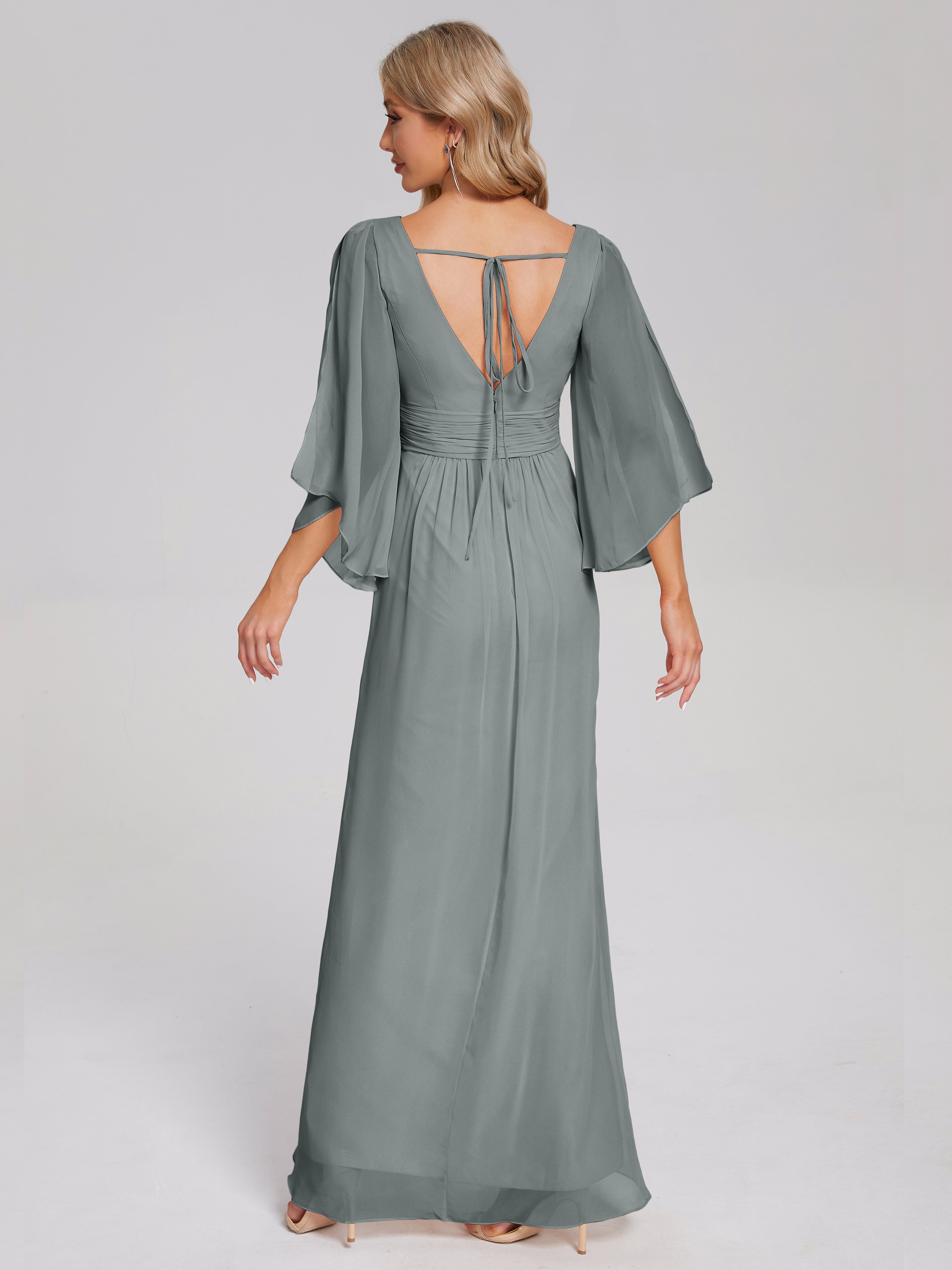 Fatima V-neck Ruffles Long Chiffon Bridesmaid Dress with Slit