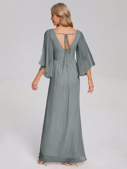 Fatima V-neck Ruffles Long Chiffon Bridesmaid Dress with Slit