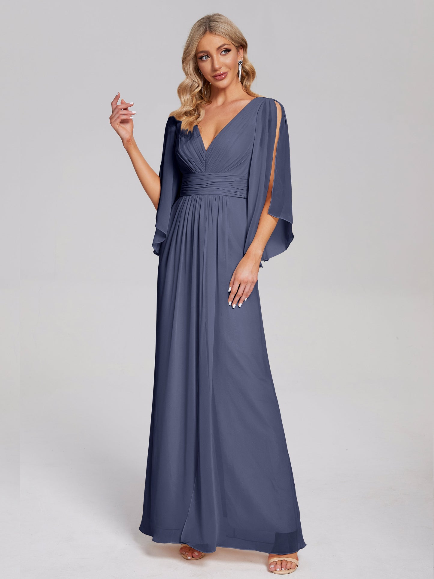 Fatima V-neck Ruffles Long Chiffon Bridesmaid Dress with Slit