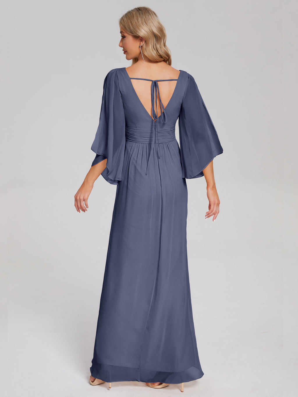 Fatima V-neck Ruffles Long Chiffon Bridesmaid Dress with Slit