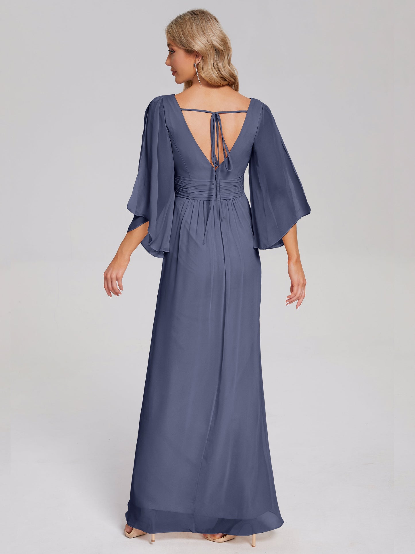 Fatima V-neck Ruffles Long Chiffon Bridesmaid Dress with Slit