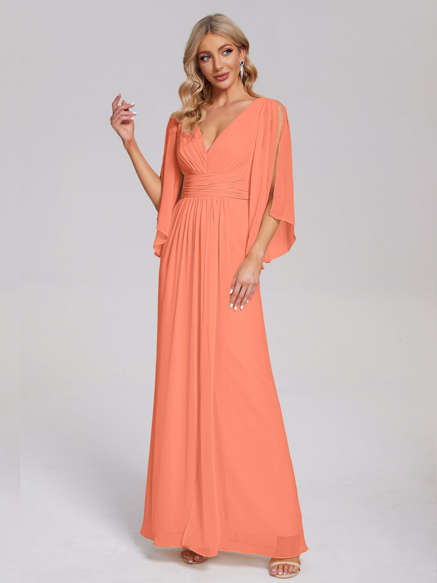 Fatima V-neck Ruffles Long Chiffon Bridesmaid Dress with Slit