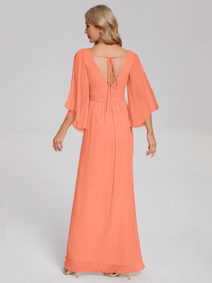 Fatima V-neck Ruffles Long Chiffon Bridesmaid Dress with Slit