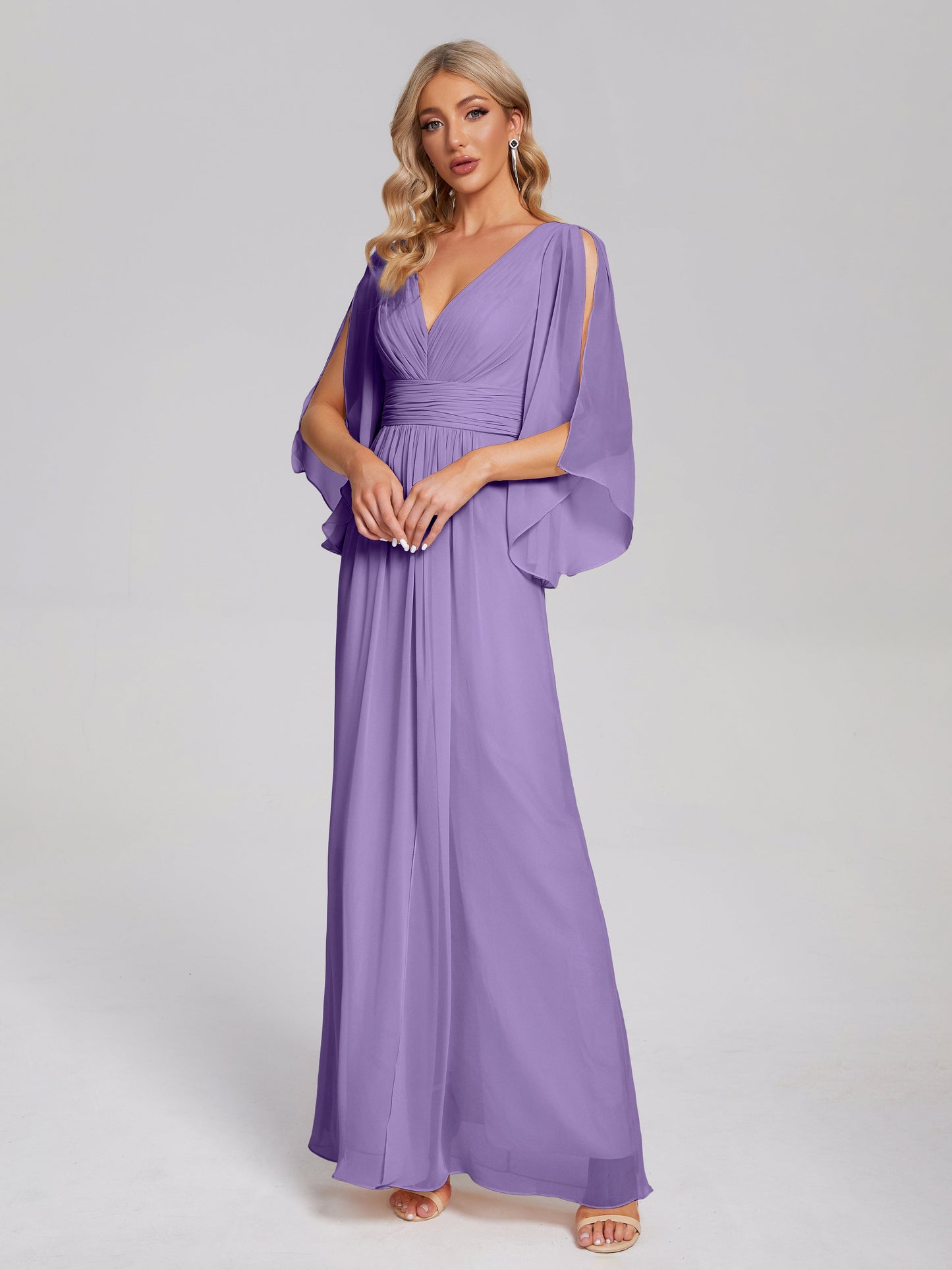 Fatima V-neck Ruffles Long Chiffon Bridesmaid Dress with Slit