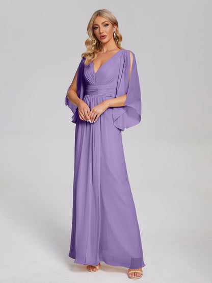 Fatima V-neck Ruffles Long Chiffon Bridesmaid Dress with Slit