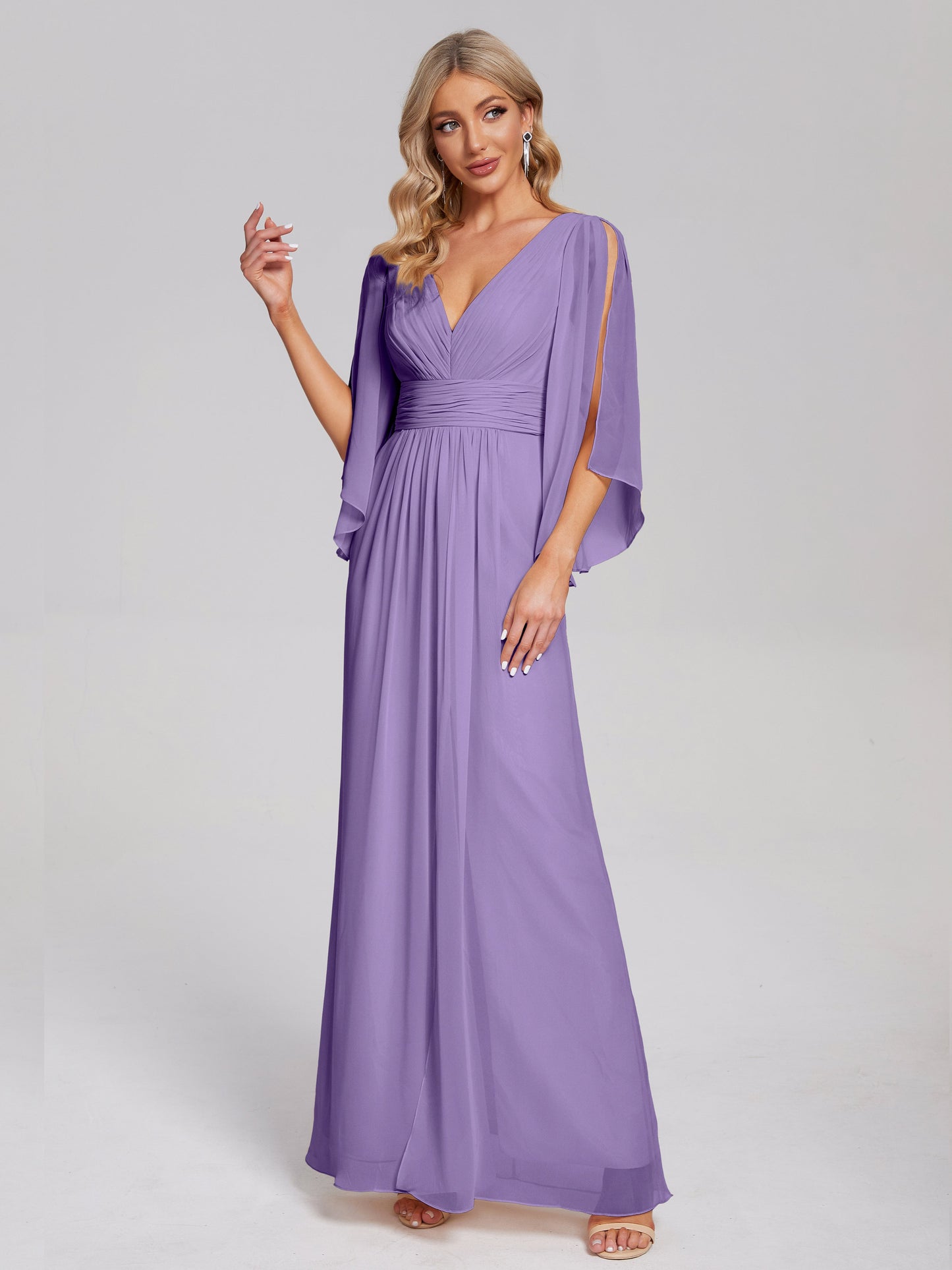 Fatima V-neck Ruffles Long Chiffon Bridesmaid Dress with Slit