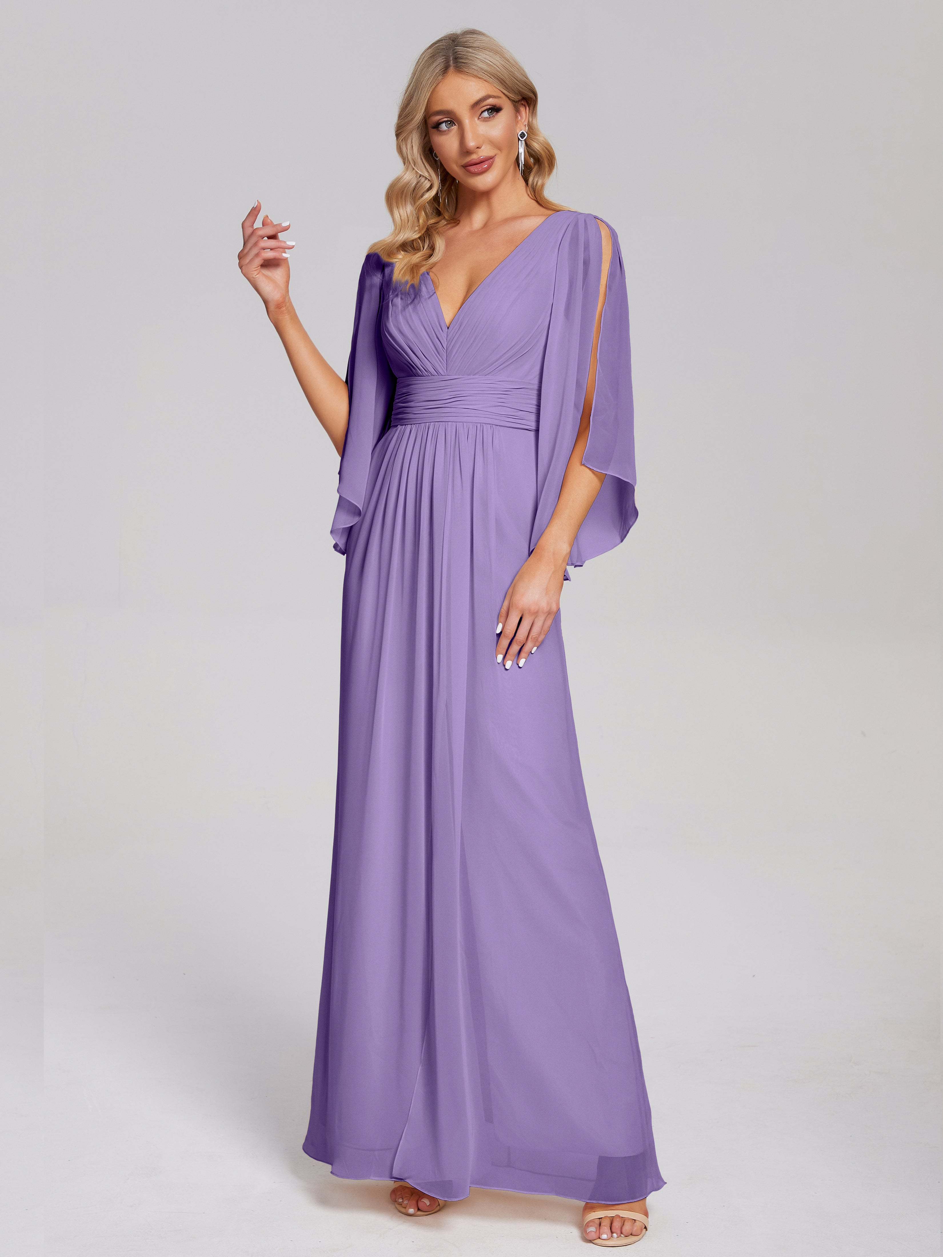Fatima V-neck Ruffles Long Chiffon Bridesmaid Dress with Slit