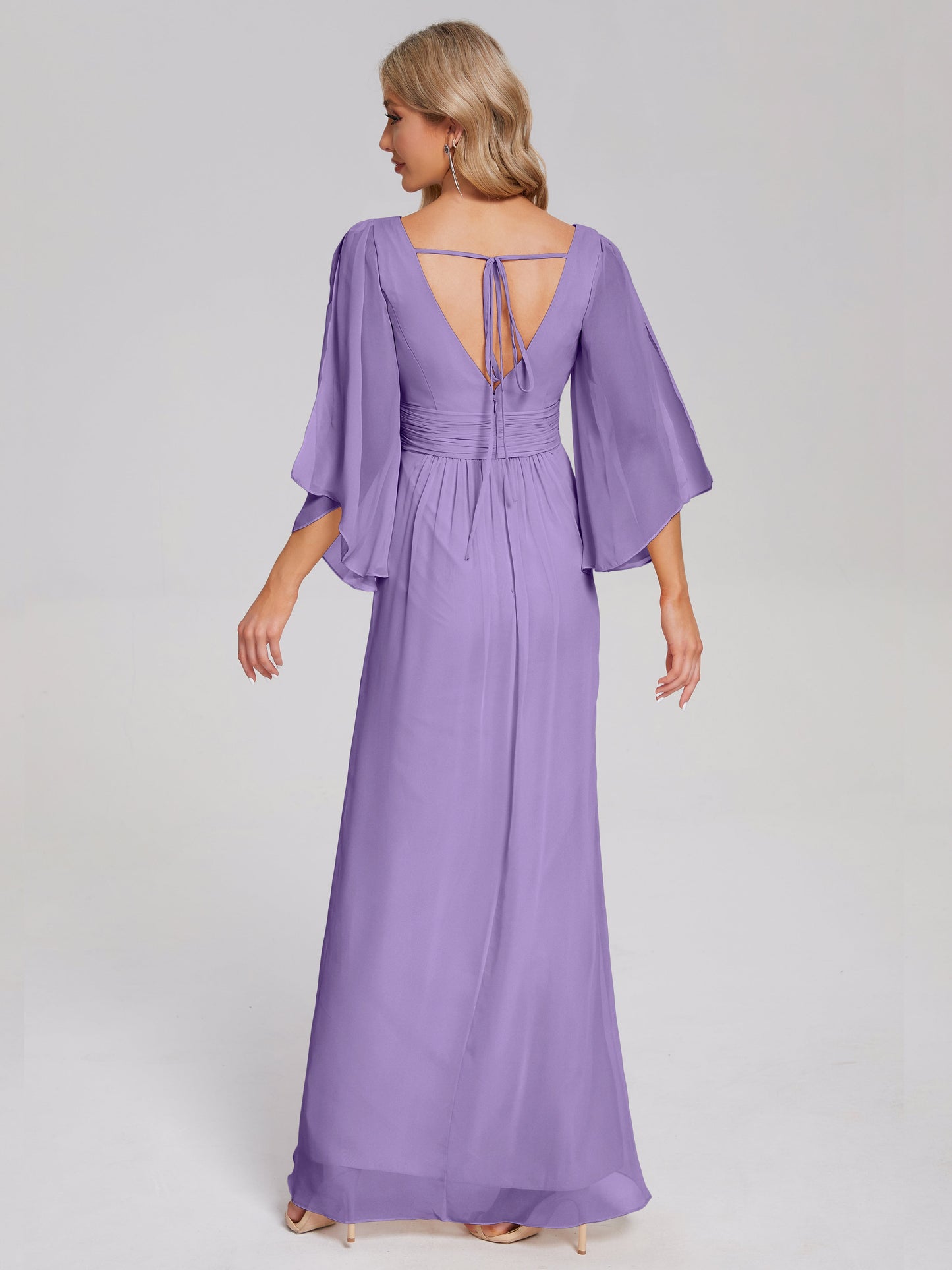 Fatima V-neck Ruffles Long Chiffon Bridesmaid Dress with Slit
